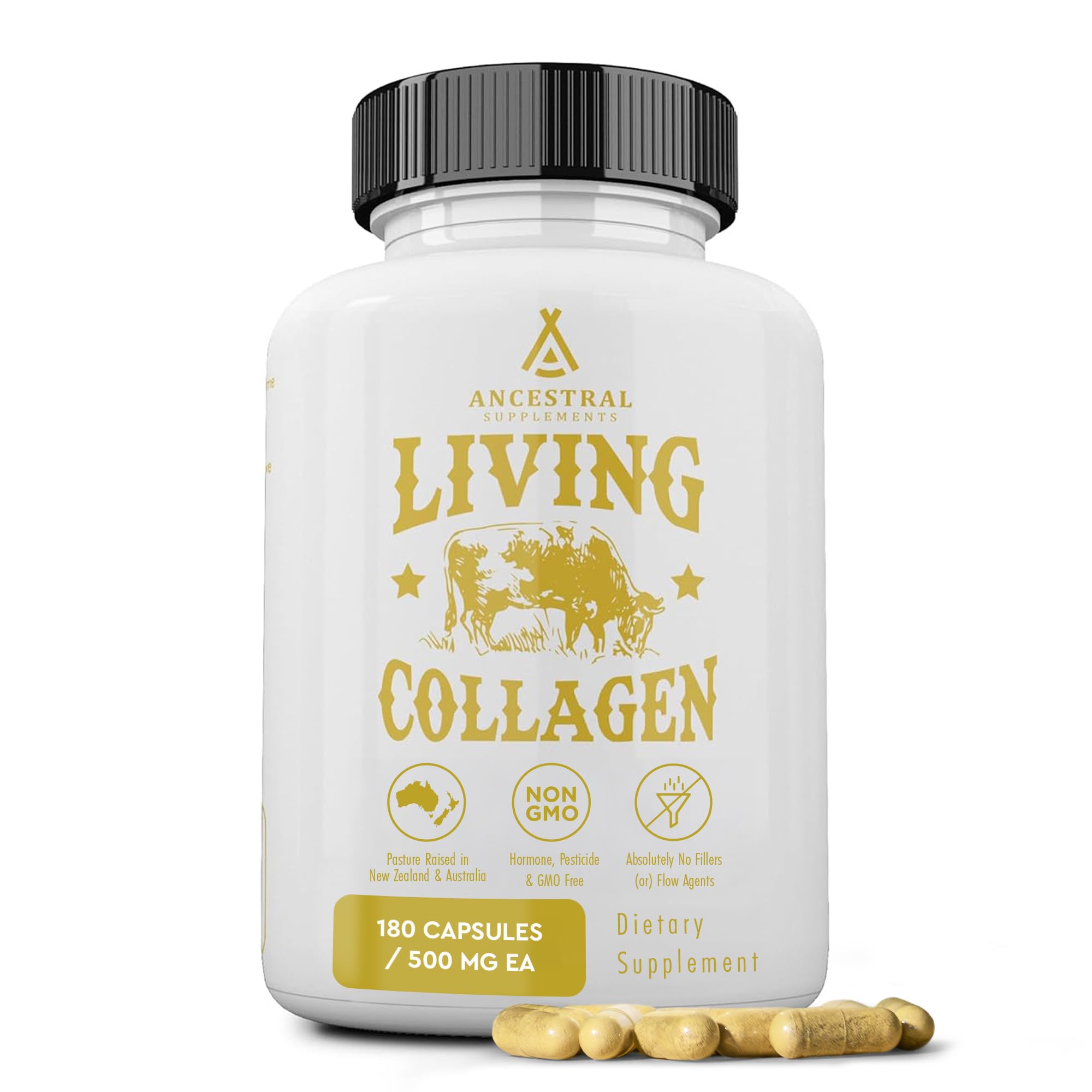 Ancestral Supplements Grass Fed Beef Living Collagen Nutritional Powder Supplement, 3000mg, Promotes Healthier, Younger Looking Skin, Hair, Nails and Joints, Type II, 180 Capsules