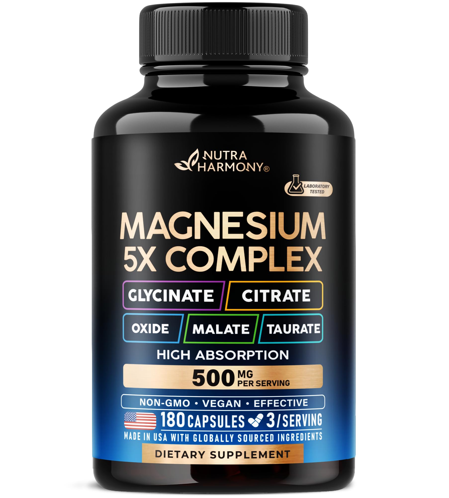 Magnesium Supplement - 5 in 1 Complex | Glycinate | Citrate | Malate | Taurate | Oxide - Made in USA - Stress, Muscle & Heart Support - Vegan, Natural, Non-GMO - 180 Capsules, 2 Month Supply