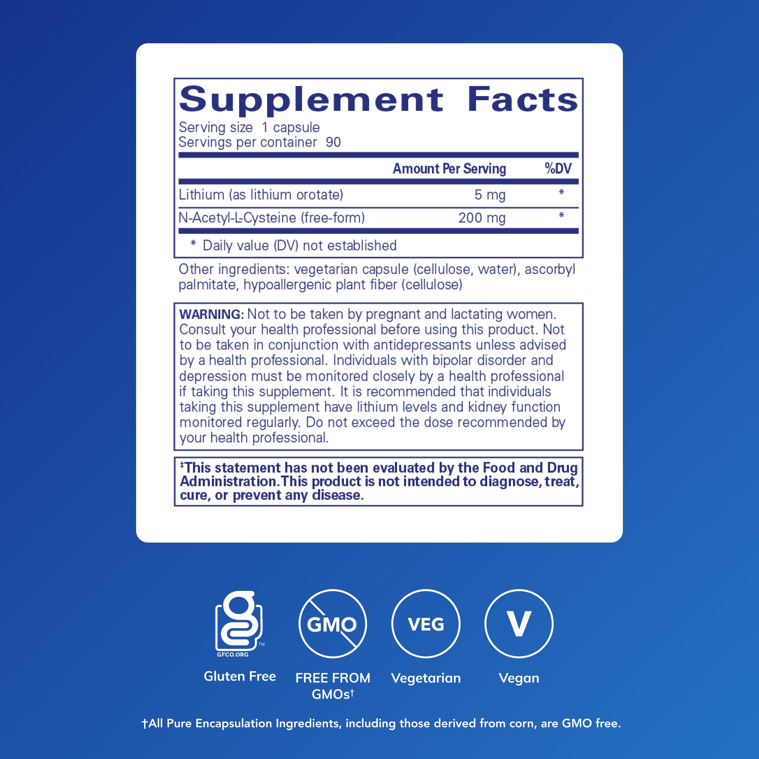 Pure Encapsulations Lithium Orotate 5 mg - Brain Support Supplement - with N-Acetyl-L-Cysteine (NAC) for Memory & Brain Behavior* - Gluten Free & Non-GMO - 90 Capsules