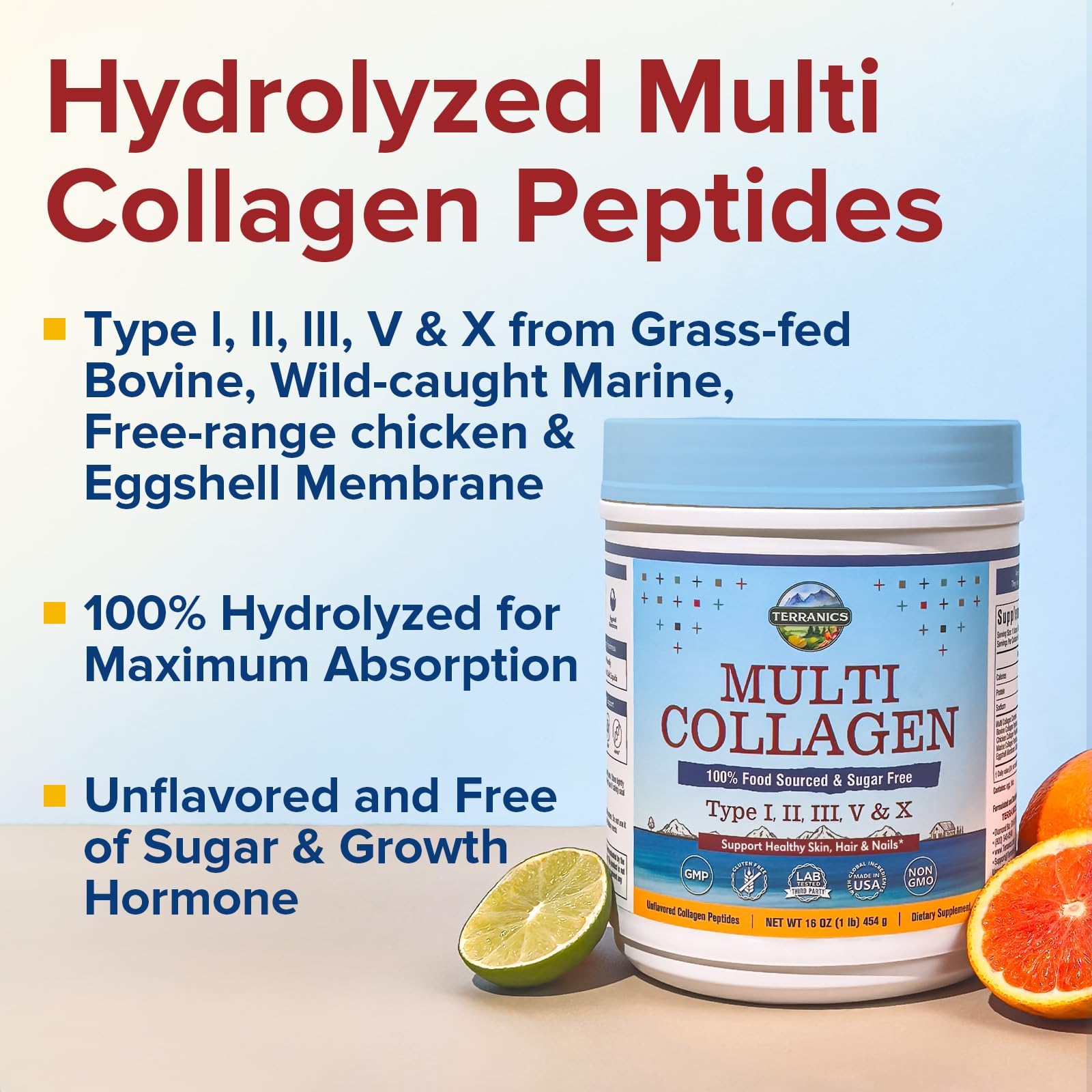 Terranics Multi Collagen Peptides Powder, Type I II III V X Hydrolyzed Collagen for Women+Men, Collagen Supplements, Fast Dissolve, Unflavored Colageno, No Sugar, Keto, 16oz