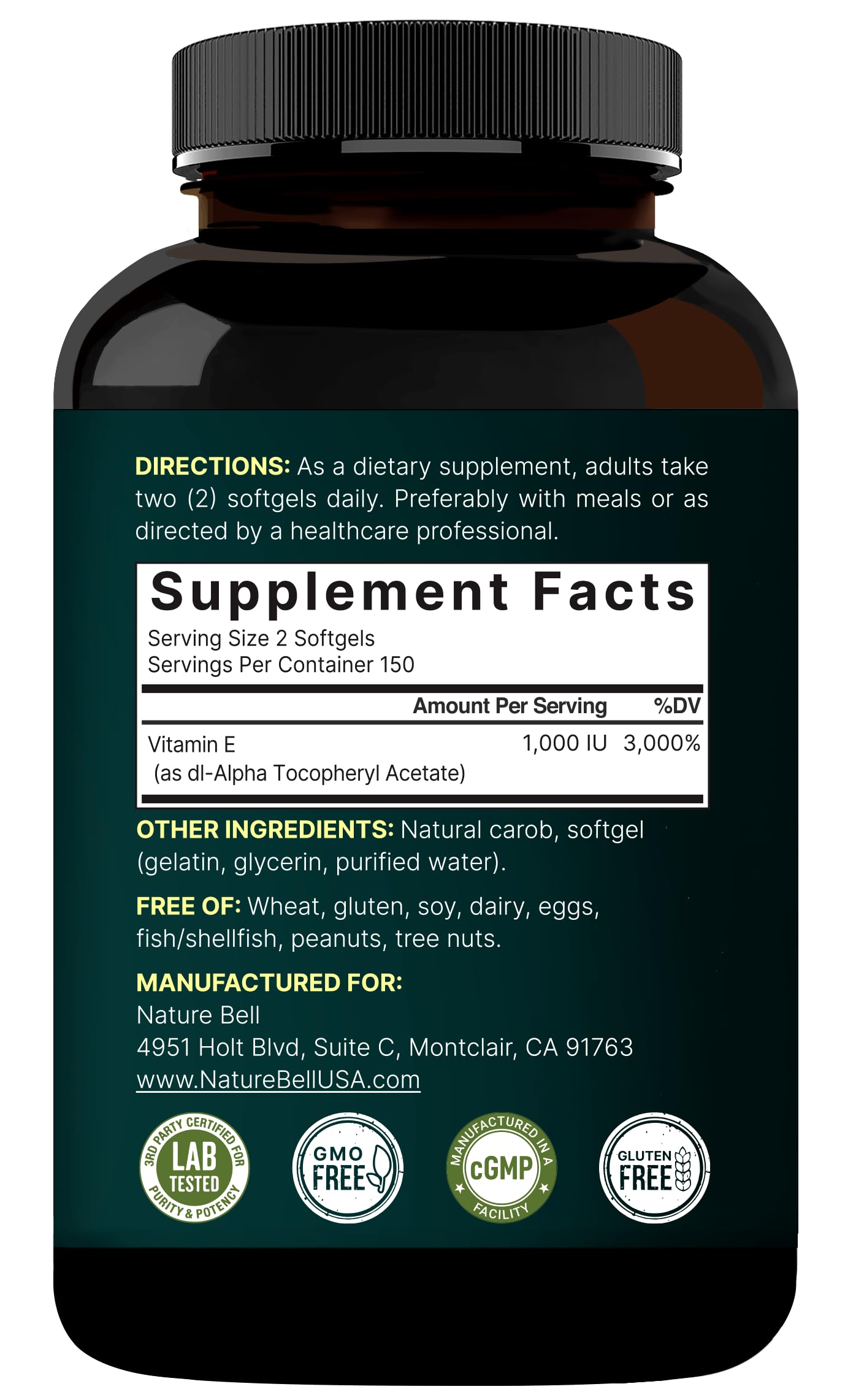 NatureBell Vitamin E 1,000 IU Per Serving - 300 Softgels - Antioxidant Supplement for Skin, Heart & Brain Health Support - High Bioavailability* - Gluten-Free & Non-GMO