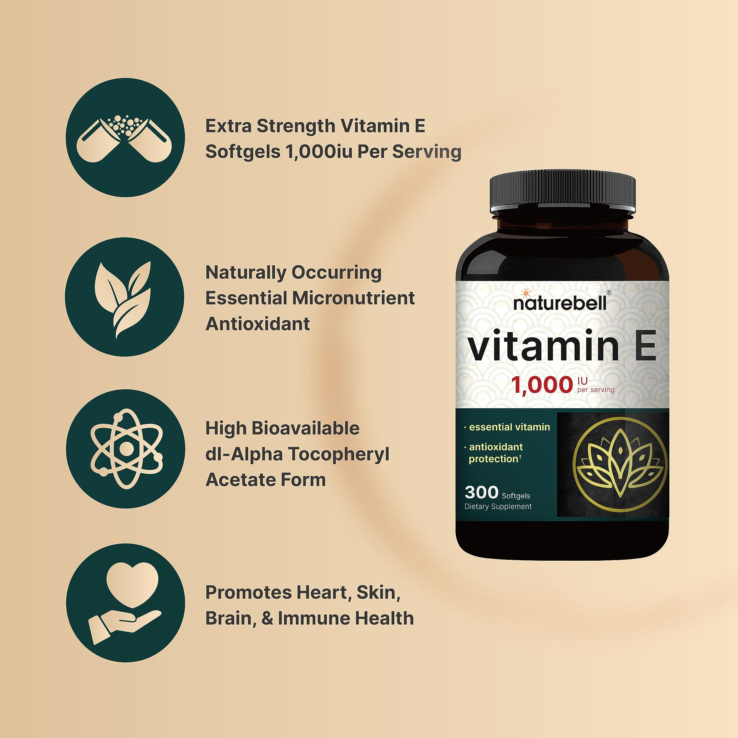 NatureBell Vitamin E 1,000 IU Per Serving - 300 Softgels - Antioxidant Supplement for Skin, Heart & Brain Health Support - High Bioavailability* - Gluten-Free & Non-GMO