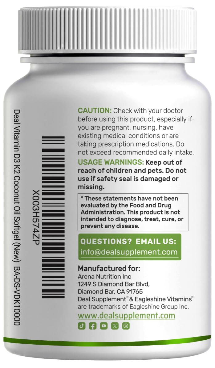 DEAL SUPPLEMENT Vitamin D3 10,000 IU + K2 MK7 200mcg Softgels, 250 Count | 2-in-1 Complex with Virgin Coconut Oil | Easy to Swallow