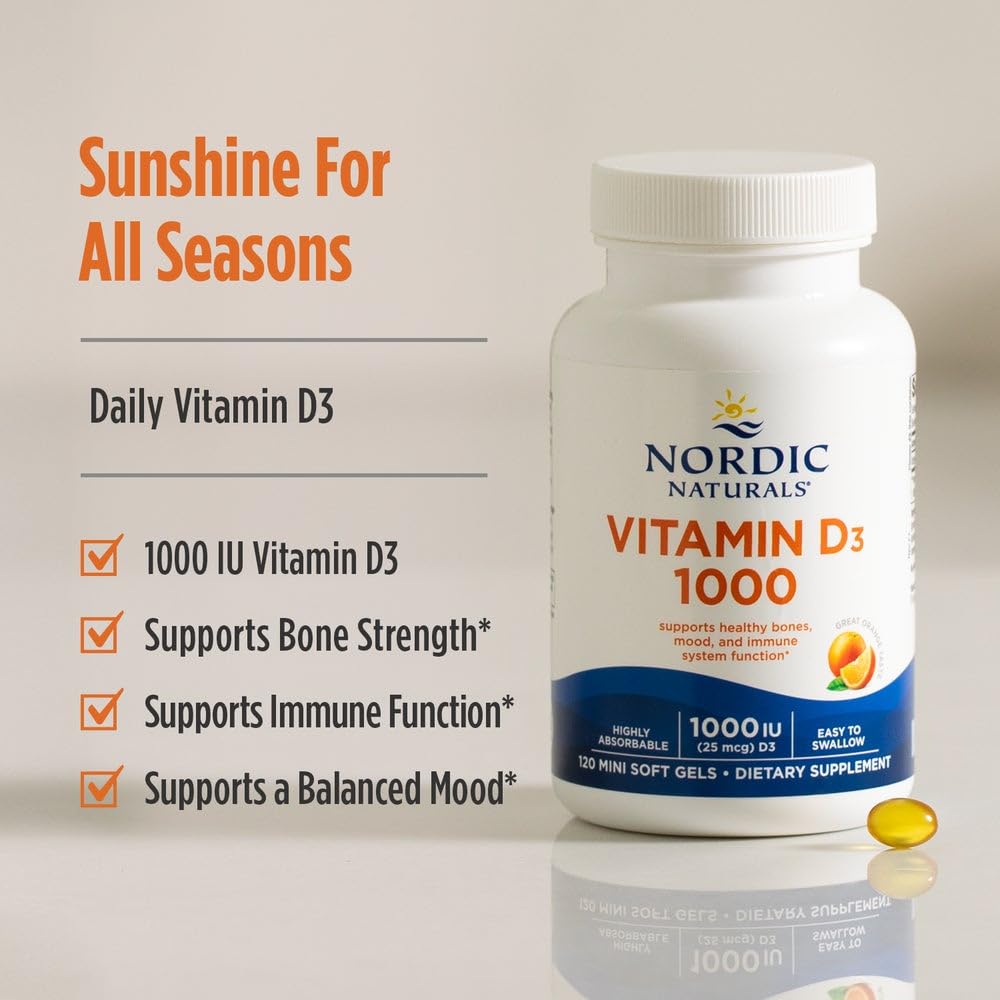 Nordic Naturals Vitamin D3 1000, Orange - 120 Mini Soft Gels - 1000 IU Vitamin D3 - Supports Healthy Bones, Mood & Immune System Function - Non-GMO - 120 Servings