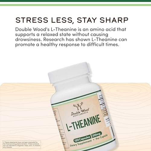 L-Theanine 200mg Double Strength - Supports Health Sleep Response and Relaxation - 120 Capsules (Third Party Tested, Gluten Free) by Double Wood