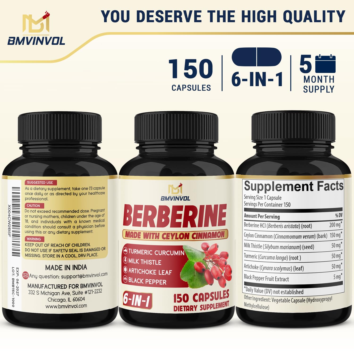 Berberine with Ceylon Cinnamon, Turmeric, Milk Thistle, Artichoke, Black Pepper - 150 Count - Pack of 1