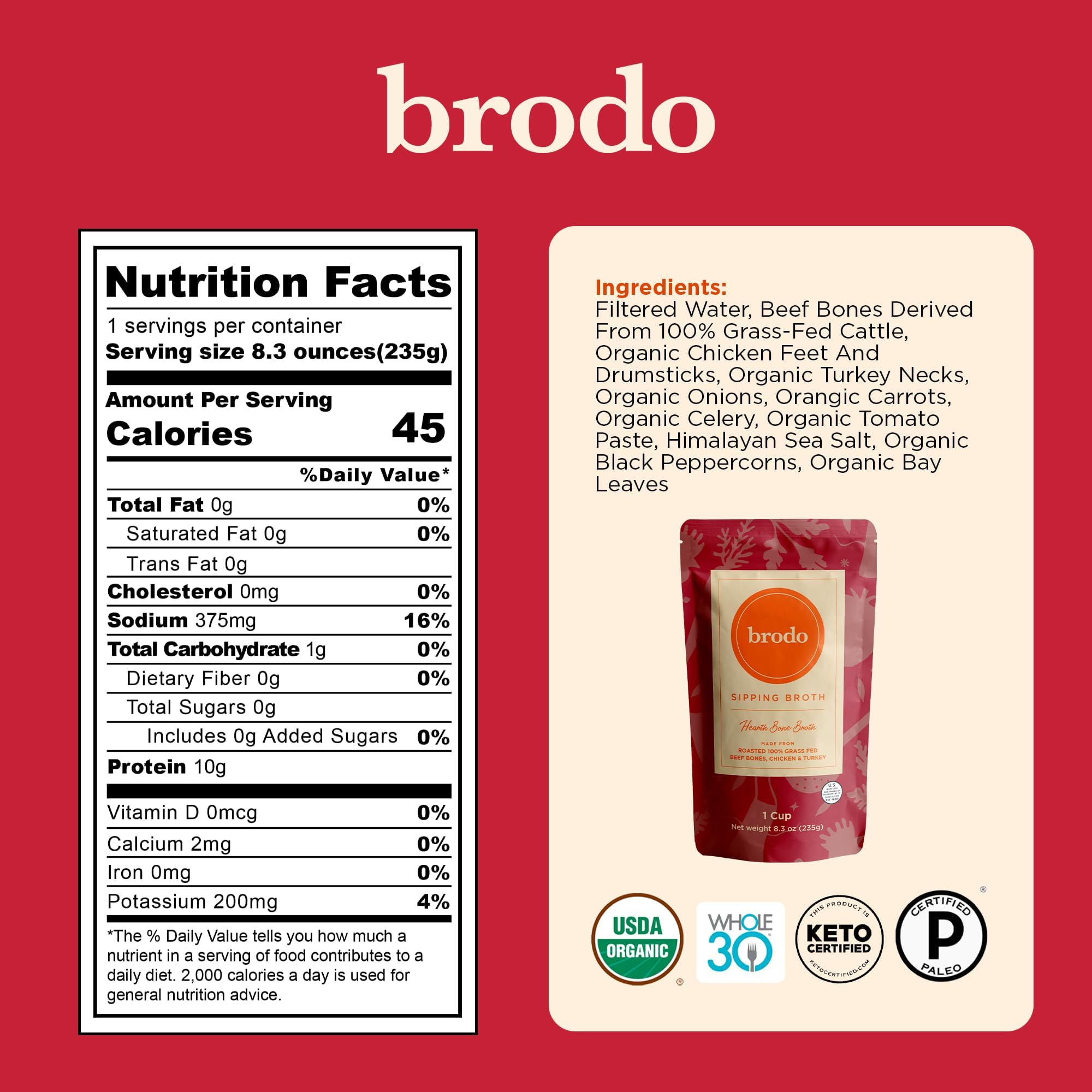 Brodo Collagen Rich Bone Broth Favorites Variety Pack, Chicken Bone Broth, Beef Bone Broth, Hearth Bone Broth, Collagen Protein, Collagen, Not From Concentrate, No Preservatives, 8 oz (Pack of 6)