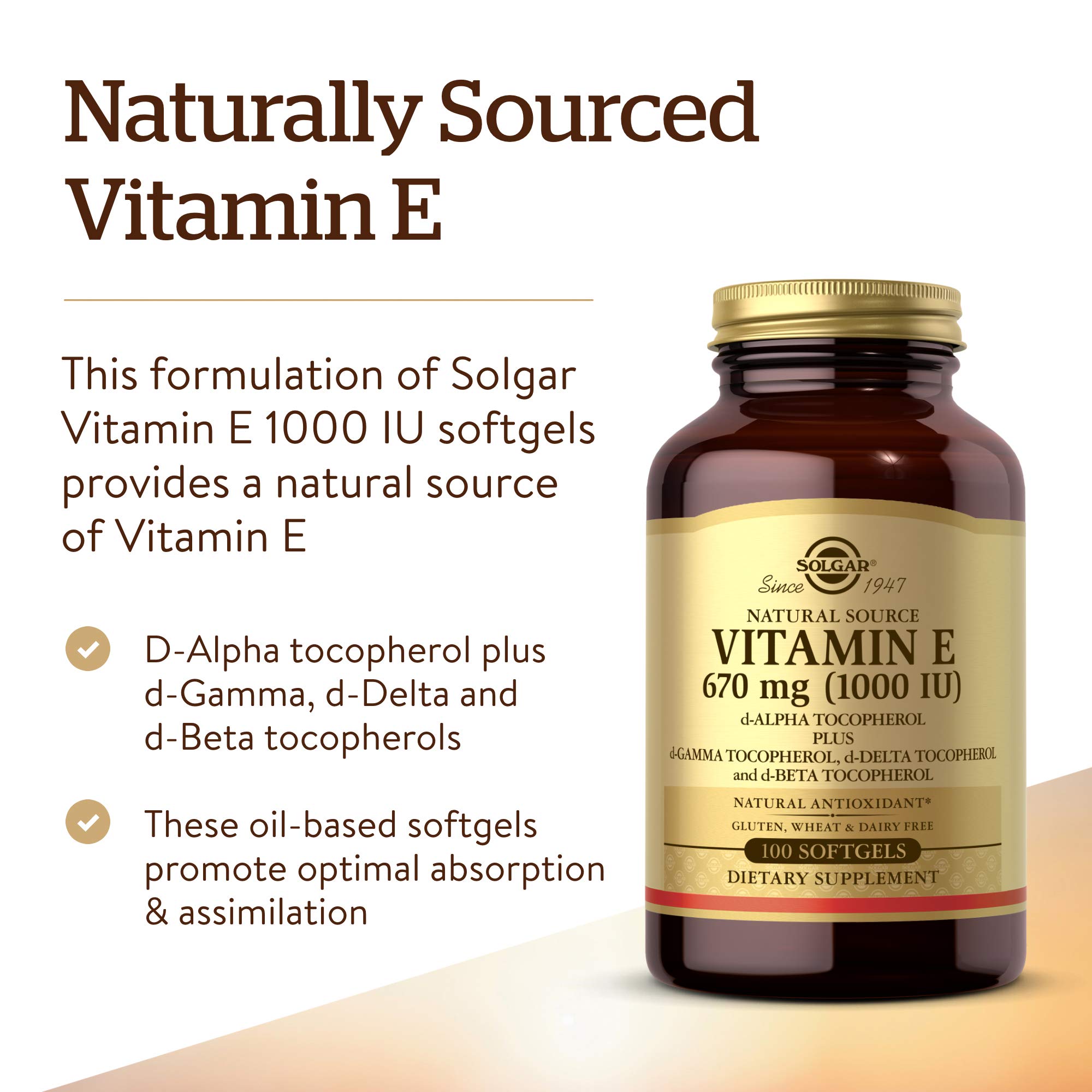 Solgar Vitamin E 670 mg (1000 IU), 100 Mixed Softgels - Natural Antioxidant, Skin & Immune System Support - Naturally-Sourced Vitamin E - Gluten Free, Dairy Free - 100 Servings