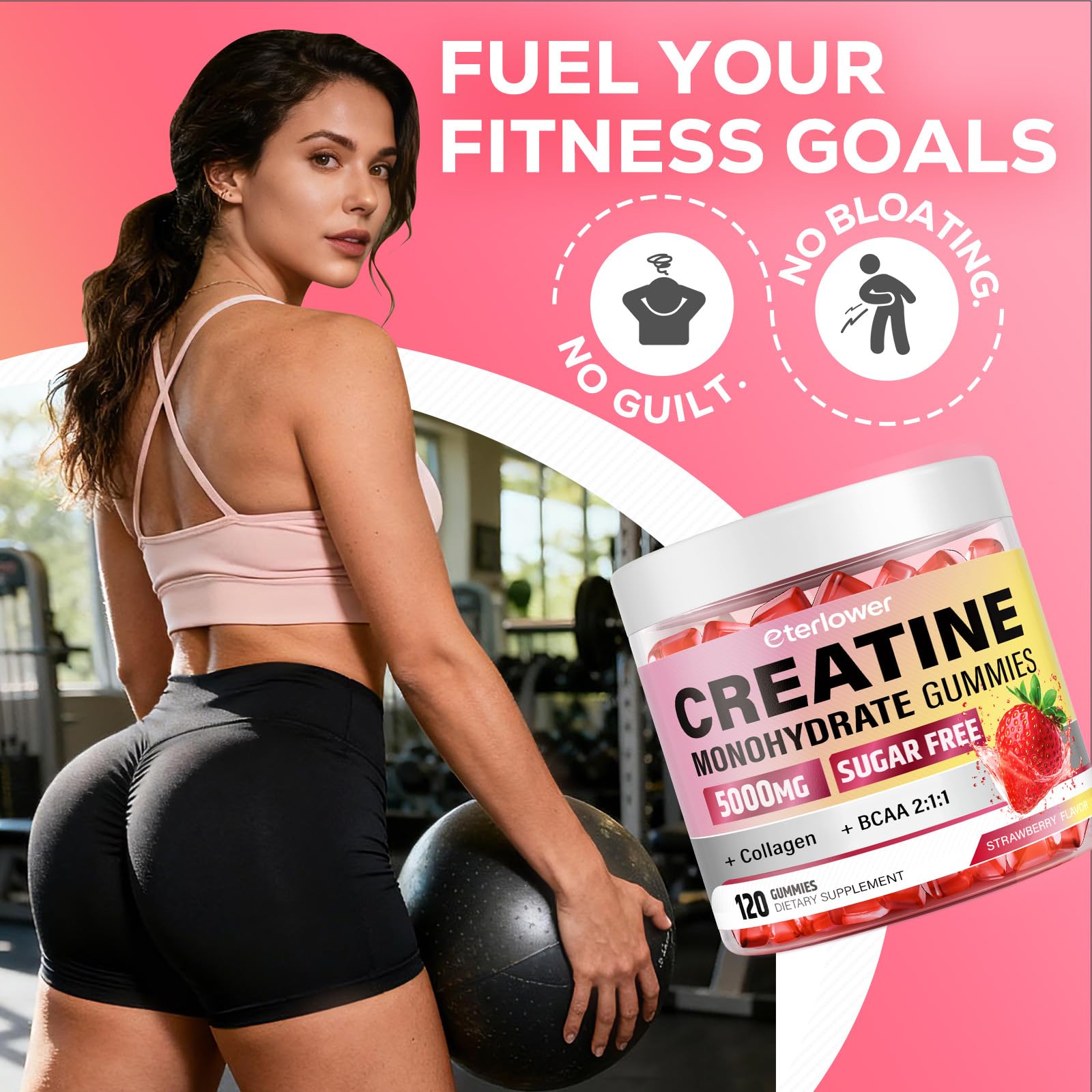 eterlower Creatine Monohydrate Gummies, 5g Creatine Gummies for Women & Men.Pre-Workout & Muscle Growth Support, Contains BCAA, Collagen, Sugar-Free, 120 Count