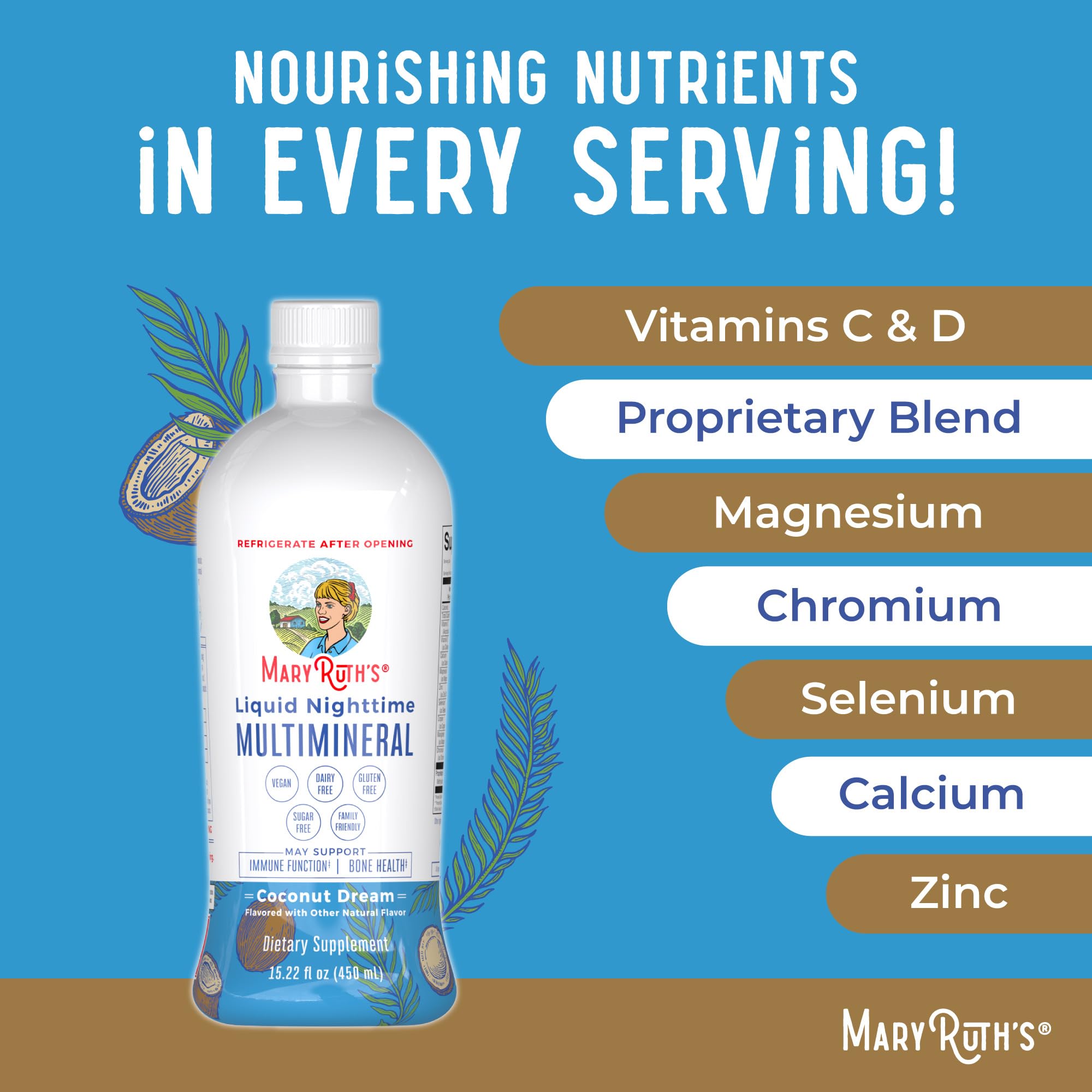 MaryRuth's Liquid Nighttime Multimineral | No Melatonin | Bedtime Routine | Magnesium Citrate | Calcium | Zinc | Vitamin D3| Available in 4 Flavor - Vegan | Sugar Free | Gluten Free | 15.22 Oz
