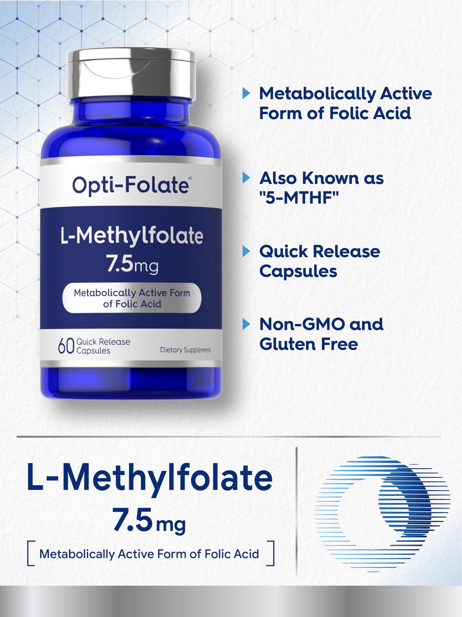 Carlyle L Methylfolate 7.5 mg | 60 Capsules | Optimized and Activated | Non-GMO, Gluten Free | Methyl Folate, 5-MTHF | by Opti-Folate