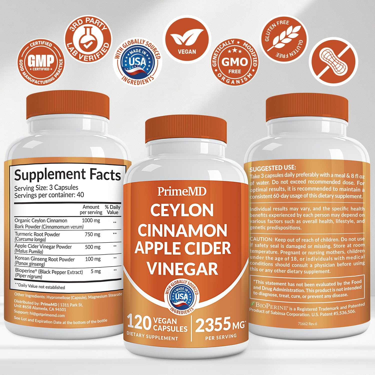5-in-1 Ceylon Cinnamon Capsules 2355mg - Ceylon Cinnamon and Apple Cider Vinegar with Turmeric, Panax Ginseng, Cinnamon, and Bioperine, 120 ct