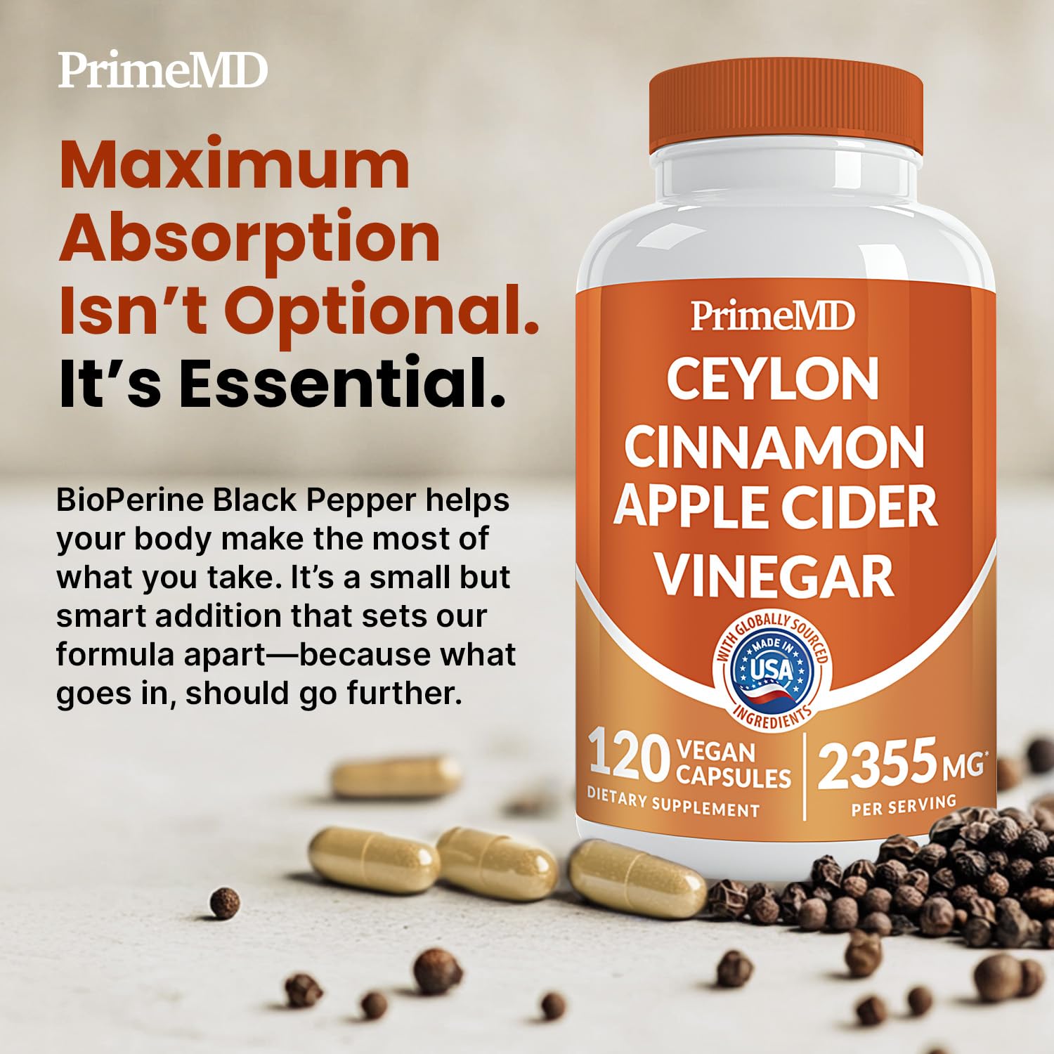5-in-1 Ceylon Cinnamon Capsules 2355mg - Ceylon Cinnamon and Apple Cider Vinegar with Turmeric, Panax Ginseng, Cinnamon, and Bioperine, 120 ct