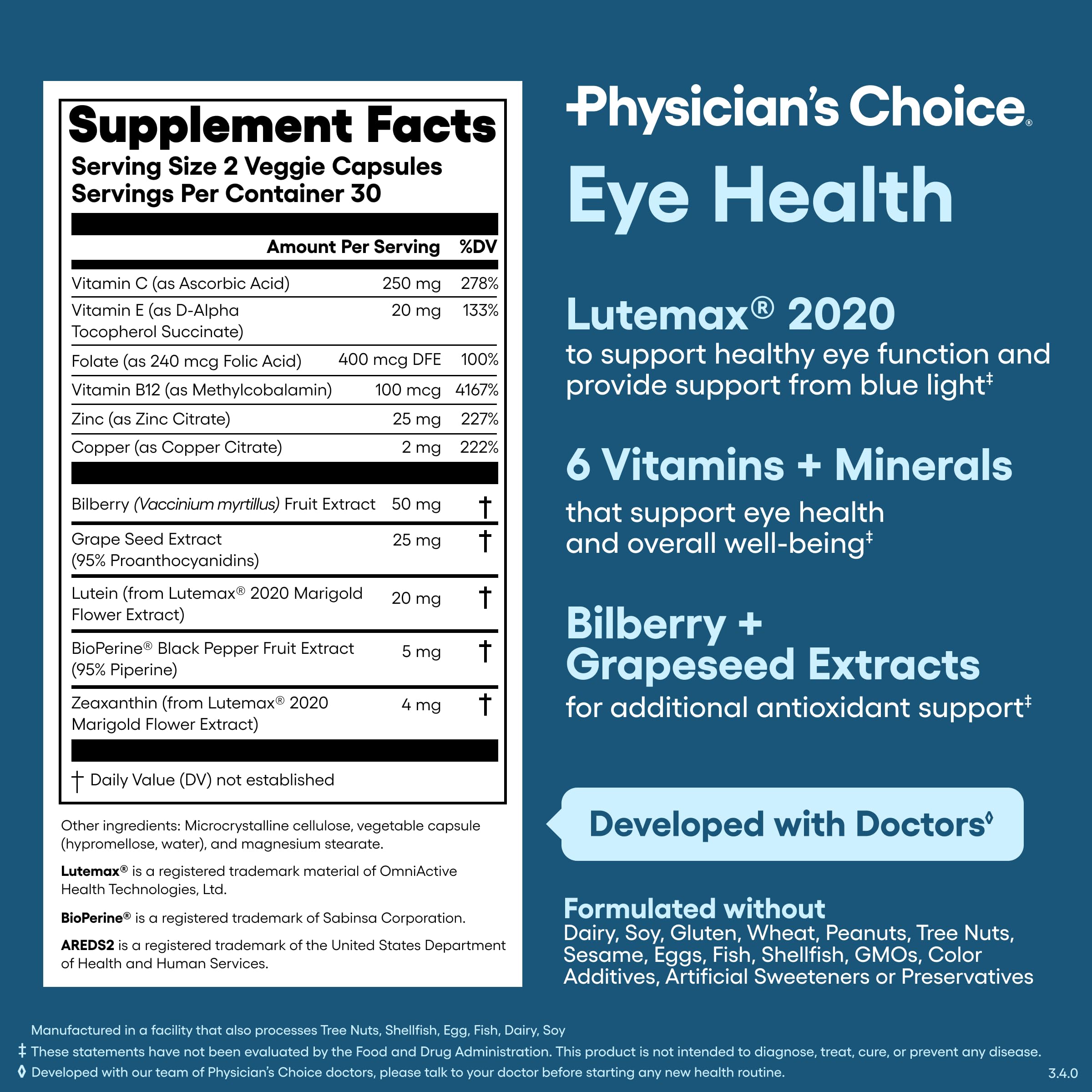 Physician's Choice Eye Health - Lutein, Zeaxanthin & Bilberry Extract - Supports Eye Strain, Dry Eyes, and Vision Health - 2 Award-Winning Clinically Proven Eye Vitamin Ingredients - Carotenoid Blend