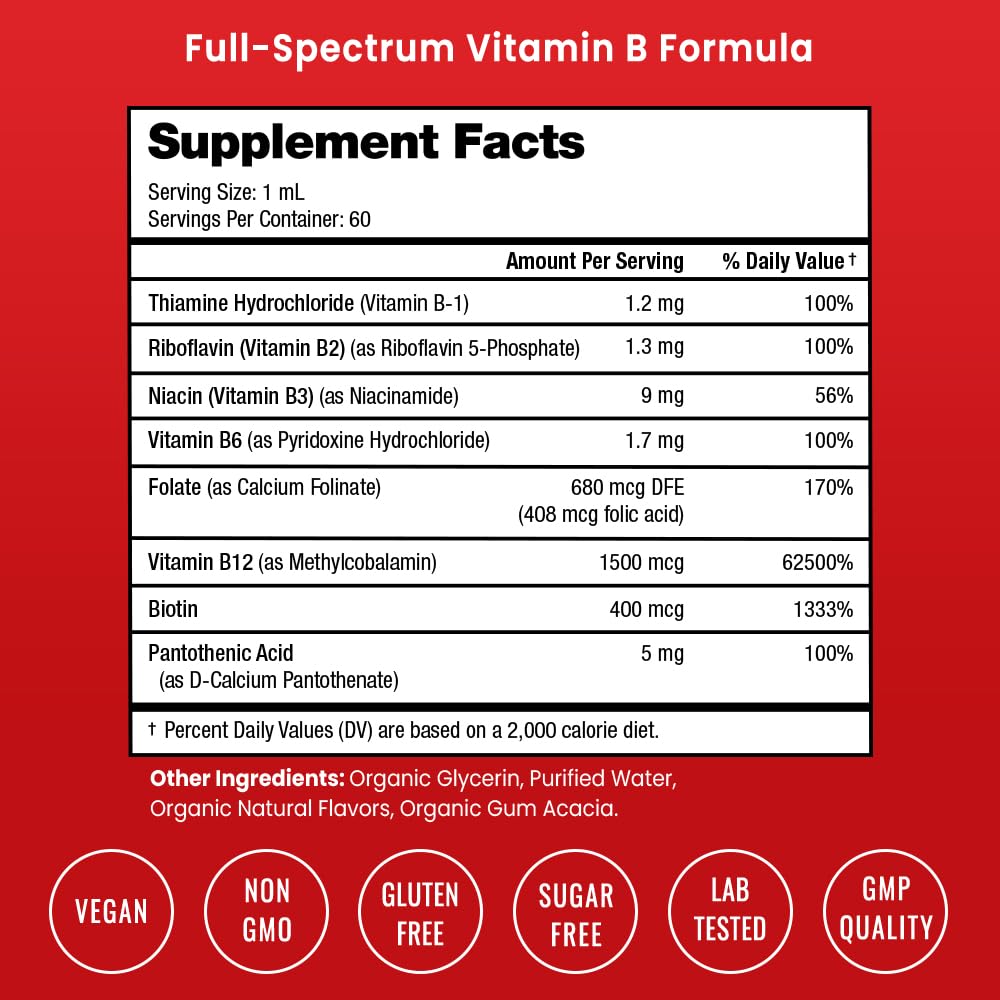 USDA Organic Vitamin B Complex Liquid Drops Sublingual B12 Methycobalamin | B1, B2, B3, B5, B6, B7, B9 | Methylated B Vitamins Complex for Women & Men | Biotin, Niacinamide, Folate & Folic Acid, 2oz