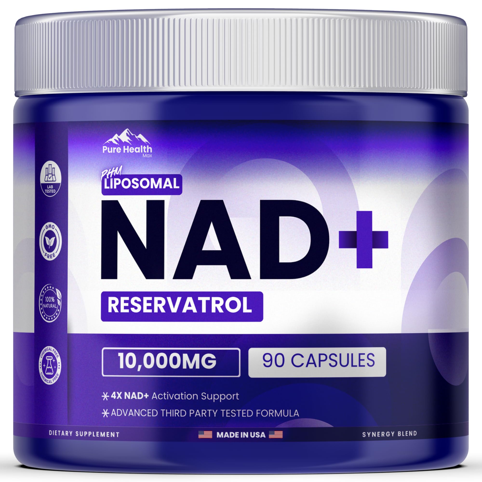 PURE HEALTH MAX PHM NAD Resveratrol Supplement - 10,000MG Extra Strength | NAD+ Liposomal Supplements for Men and Women | NMN & NMNH Alternative | 90 Capsules, 1.5 Months Supply