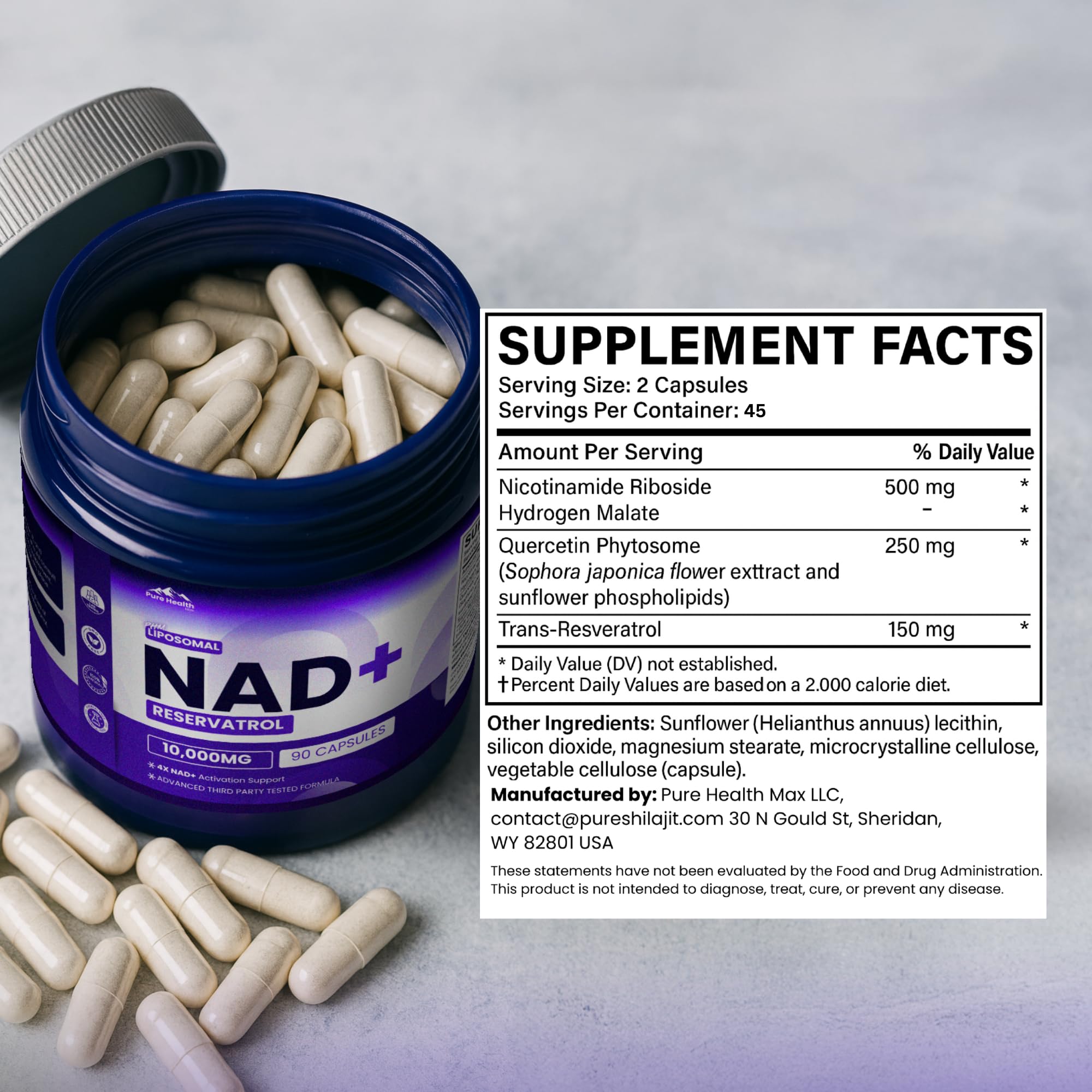 PURE HEALTH MAX PHM NAD Resveratrol Supplement - 10,000MG Extra Strength | NAD+ Liposomal Supplements for Men and Women | NMN & NMNH Alternative | 90 Capsules, 1.5 Months Supply