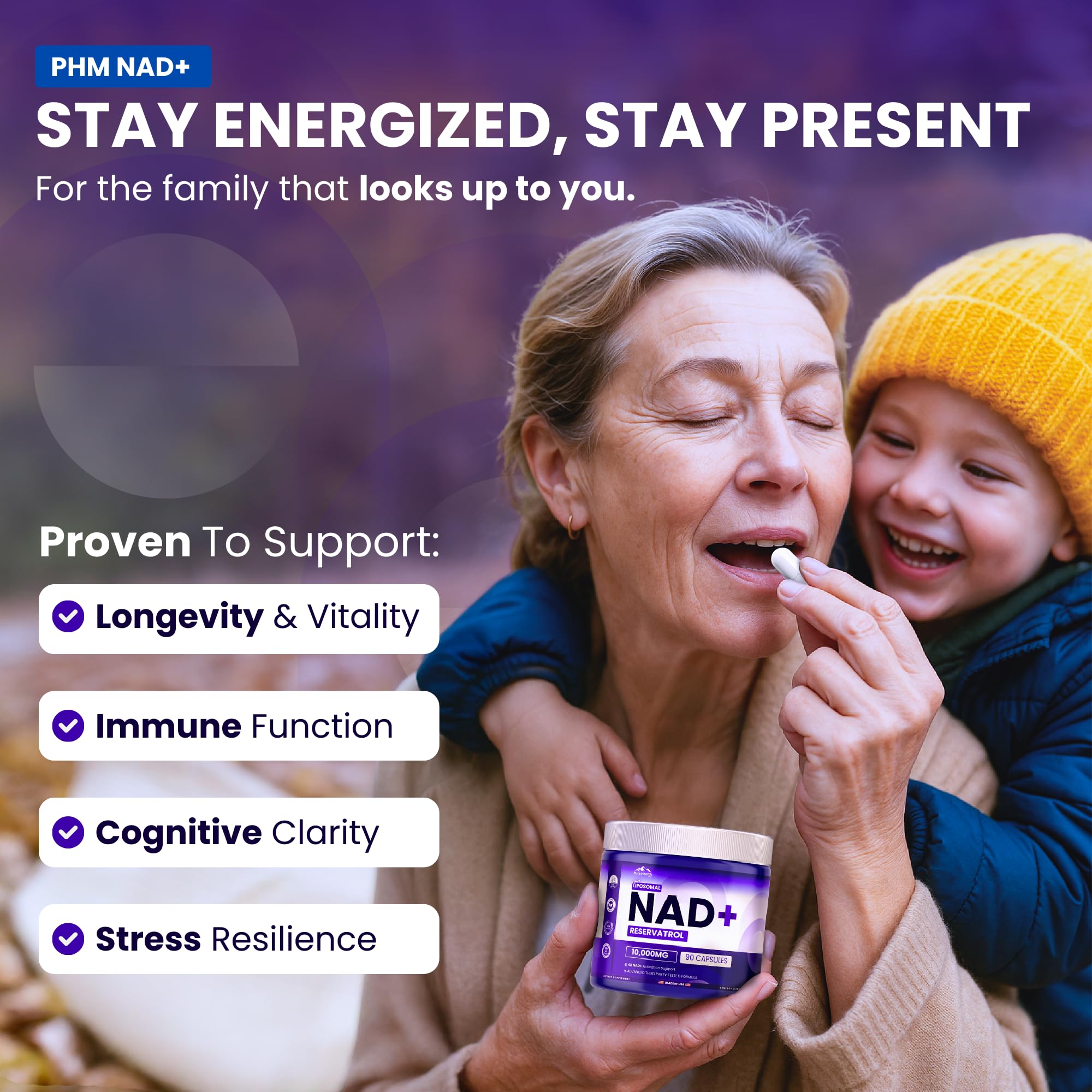 PURE HEALTH MAX PHM NAD Resveratrol Supplement - 10,000MG Extra Strength | NAD+ Liposomal Supplements for Men and Women | NMN & NMNH Alternative | 90 Capsules, 1.5 Months Supply