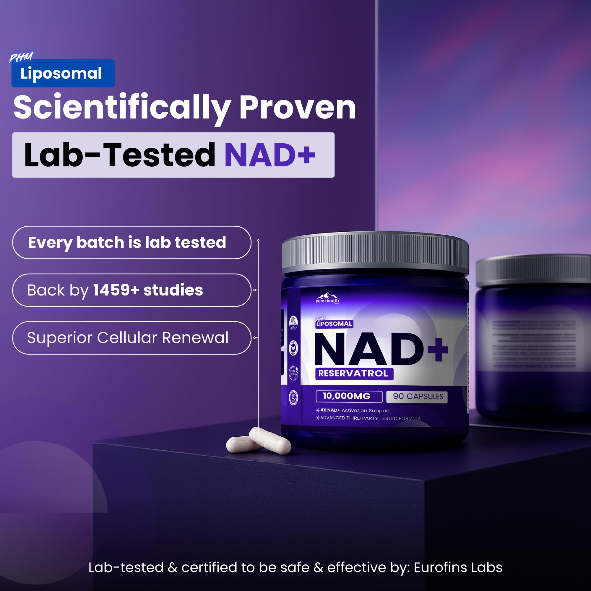 PURE HEALTH MAX PHM NAD Resveratrol Supplement - 10,000MG Extra Strength | NAD+ Liposomal Supplements for Men and Women | NMN & NMNH Alternative | 90 Capsules, 1.5 Months Supply