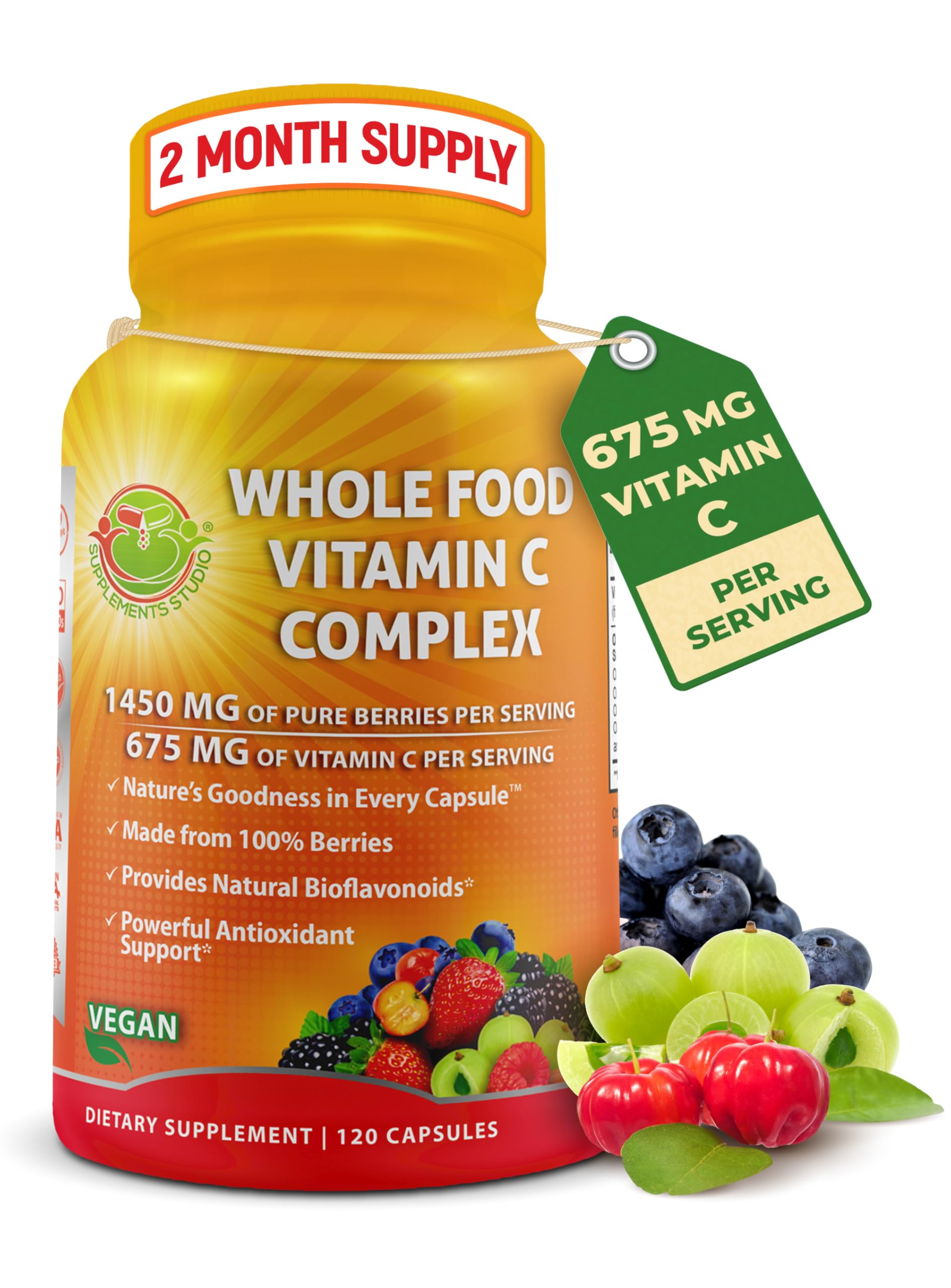 Whole Food Vitamin C Complex - 1450mg Organic Berries - 675 mg Vitamin C per Serving, High-Potency Antioxidant & Immune Support with Acerola, Amla and Natural Bioflavonoids - Vegan, Non-GMO, 120 Count
