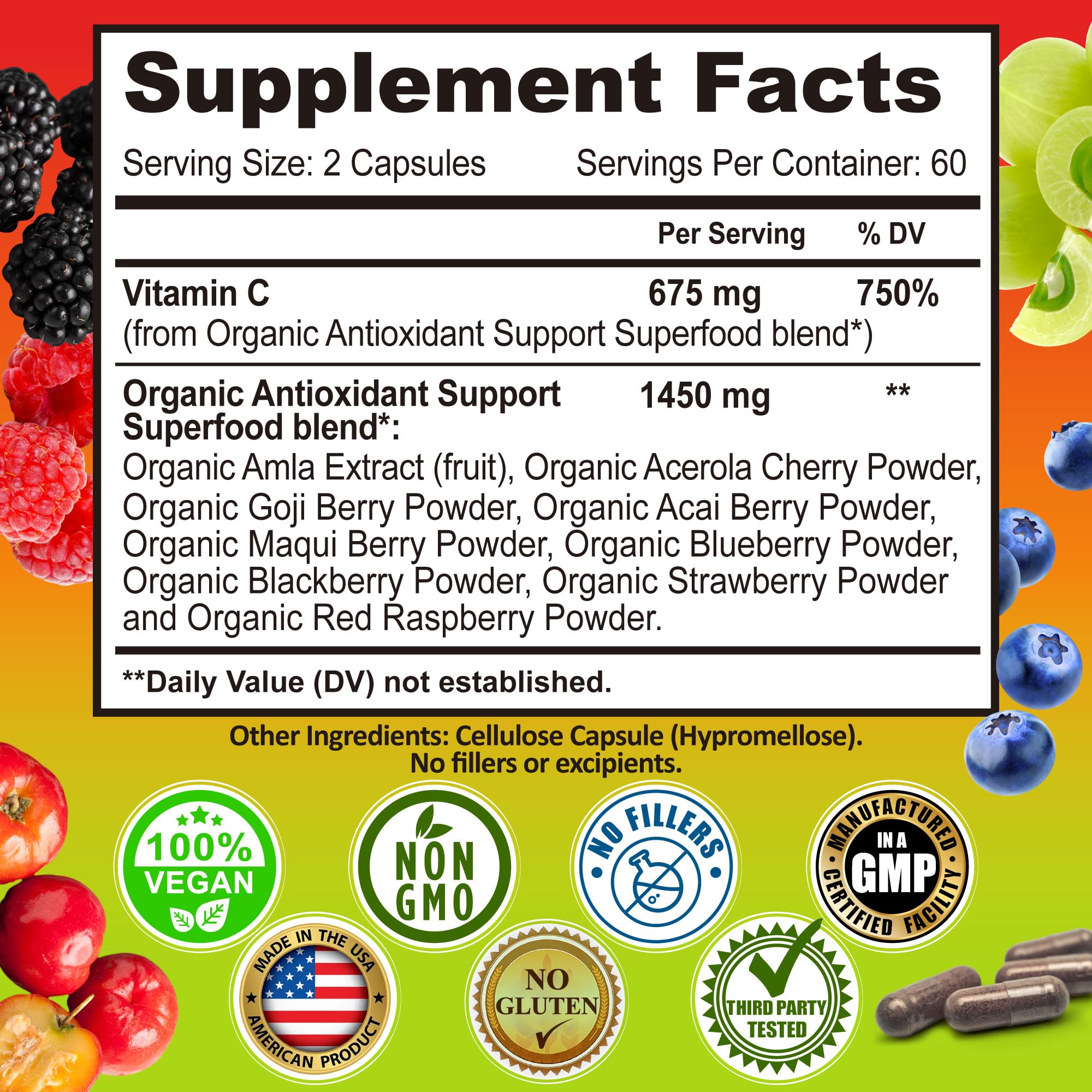 Whole Food Vitamin C Complex - 1450mg Organic Berries - 675 mg Vitamin C per Serving, High-Potency Antioxidant & Immune Support with Acerola, Amla and Natural Bioflavonoids - Vegan, Non-GMO, 120 Count