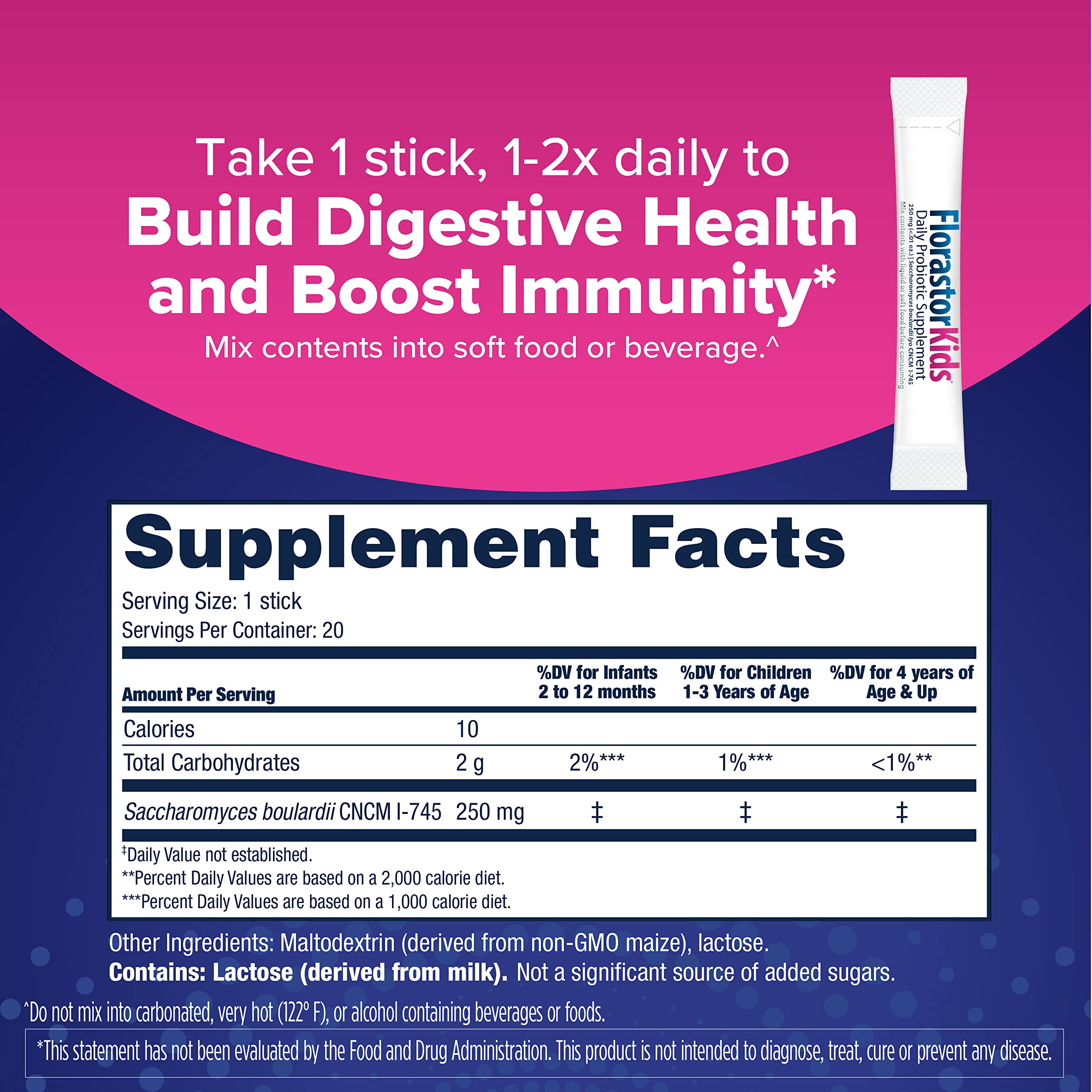 Florastor Kids Dual Action Probiotic Supplement, Strengthens Kids' Digestive & Immune Health, 20 Easy-to Mix Powder Sticks, Packaging May Vary