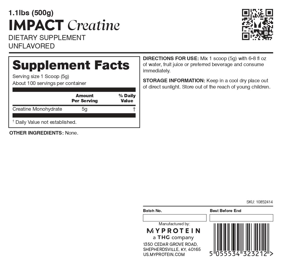 Myprotein Creatine Monohydrate Powder, 100 Servings (1.1lbs), Pure Unflavored Creatine Powder, Post/Pre Workout Supplement for All Sports & Exercises