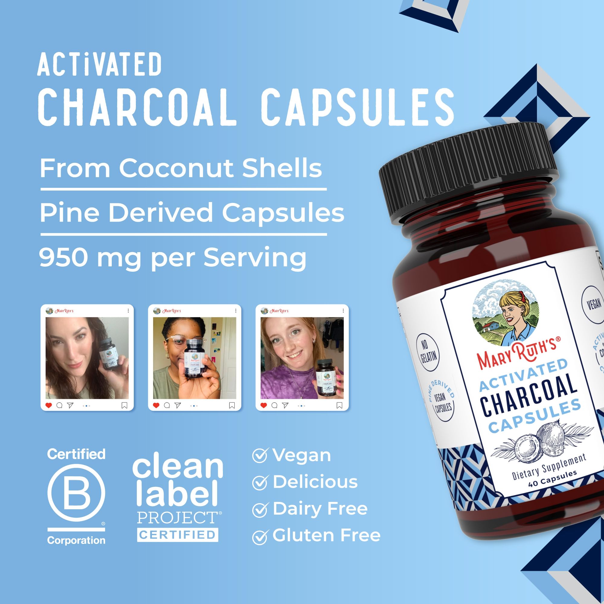 MaryRuth Organics Activated Charcoal Capsules | Substance Adsorption | Derived from Coconut Shells | Vegan Capsules from Pine Trees | Non-GMO | Gluten Free | 40 Count