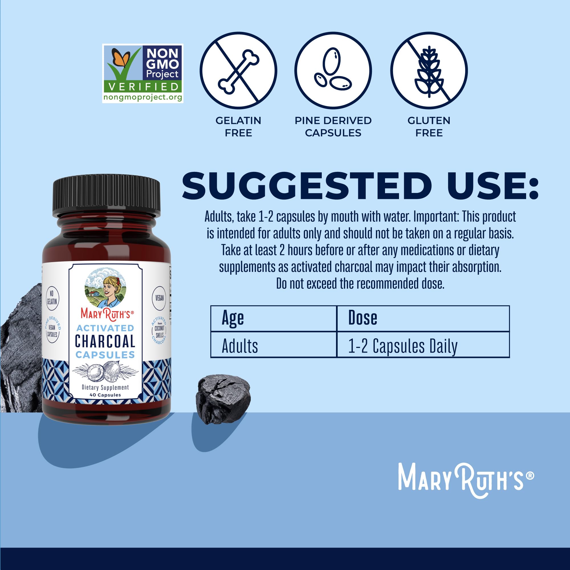 MaryRuth Organics Activated Charcoal Capsules | Substance Adsorption | Derived from Coconut Shells | Vegan Capsules from Pine Trees | Non-GMO | Gluten Free | 40 Count