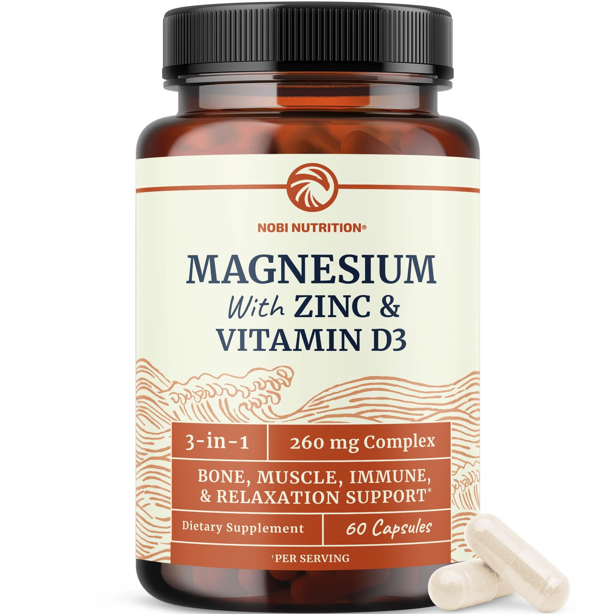 Magnesium Zinc & Vitamin D3 | 260MG Complex | High Absorption Mag Citrate, Glycinate & Malate | Muscle, Nerve Function & Bone Health Support | Zinc and Magnesium Supplement with VIT D3 | 60 Ct.