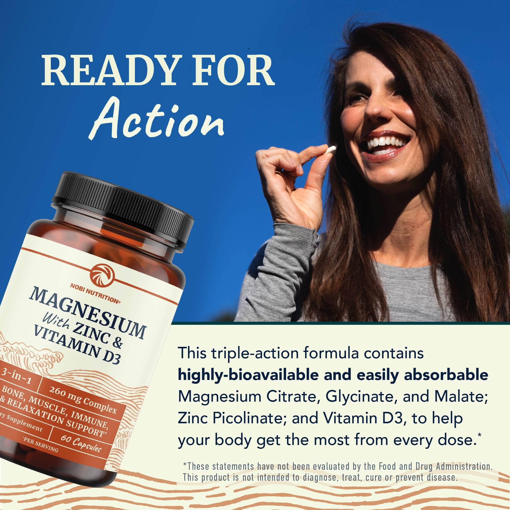 Magnesium Zinc & Vitamin D3 | 260MG Complex | High Absorption Mag Citrate, Glycinate & Malate | Muscle, Nerve Function & Bone Health Support | Zinc and Magnesium Supplement with VIT D3 | 60 Ct.