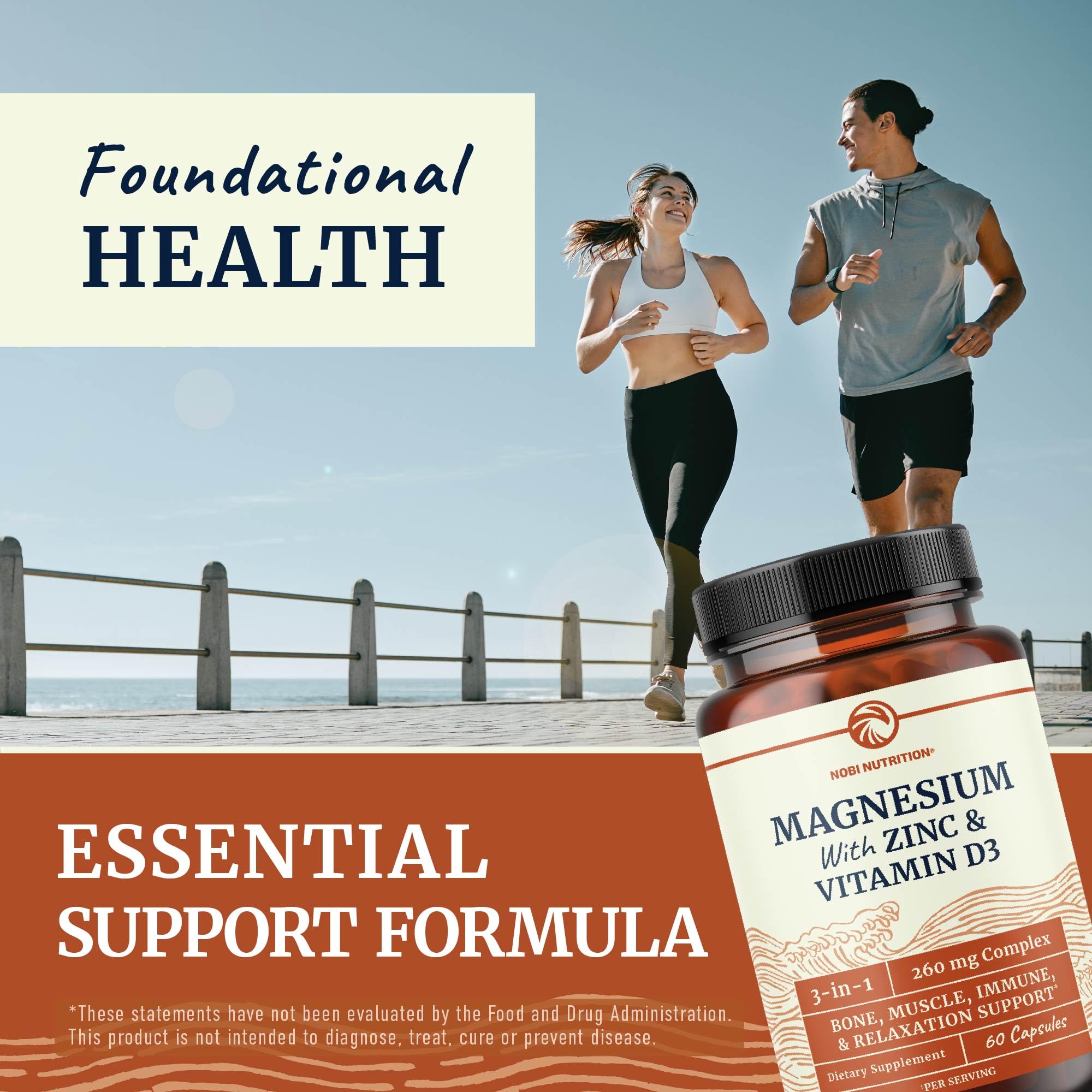 Magnesium Zinc & Vitamin D3 | 260MG Complex | High Absorption Mag Citrate, Glycinate & Malate | Muscle, Nerve Function & Bone Health Support | Zinc and Magnesium Supplement with VIT D3 | 60 Ct.