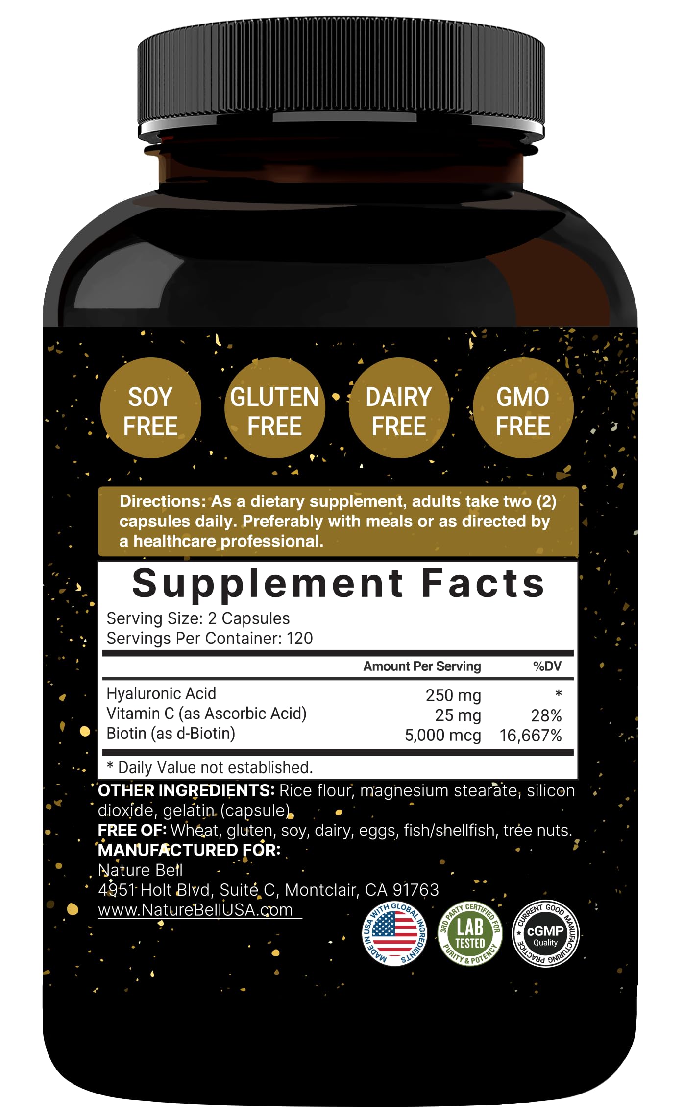 NatureBell Hyaluronic Acid 250mg - 240 Capsules - 250mg Hyaluronic Acid, 5000mcg Biotin & 25 mg Vitamin C - Supports Skin, Hair, Bone, Eye & Joint Health*