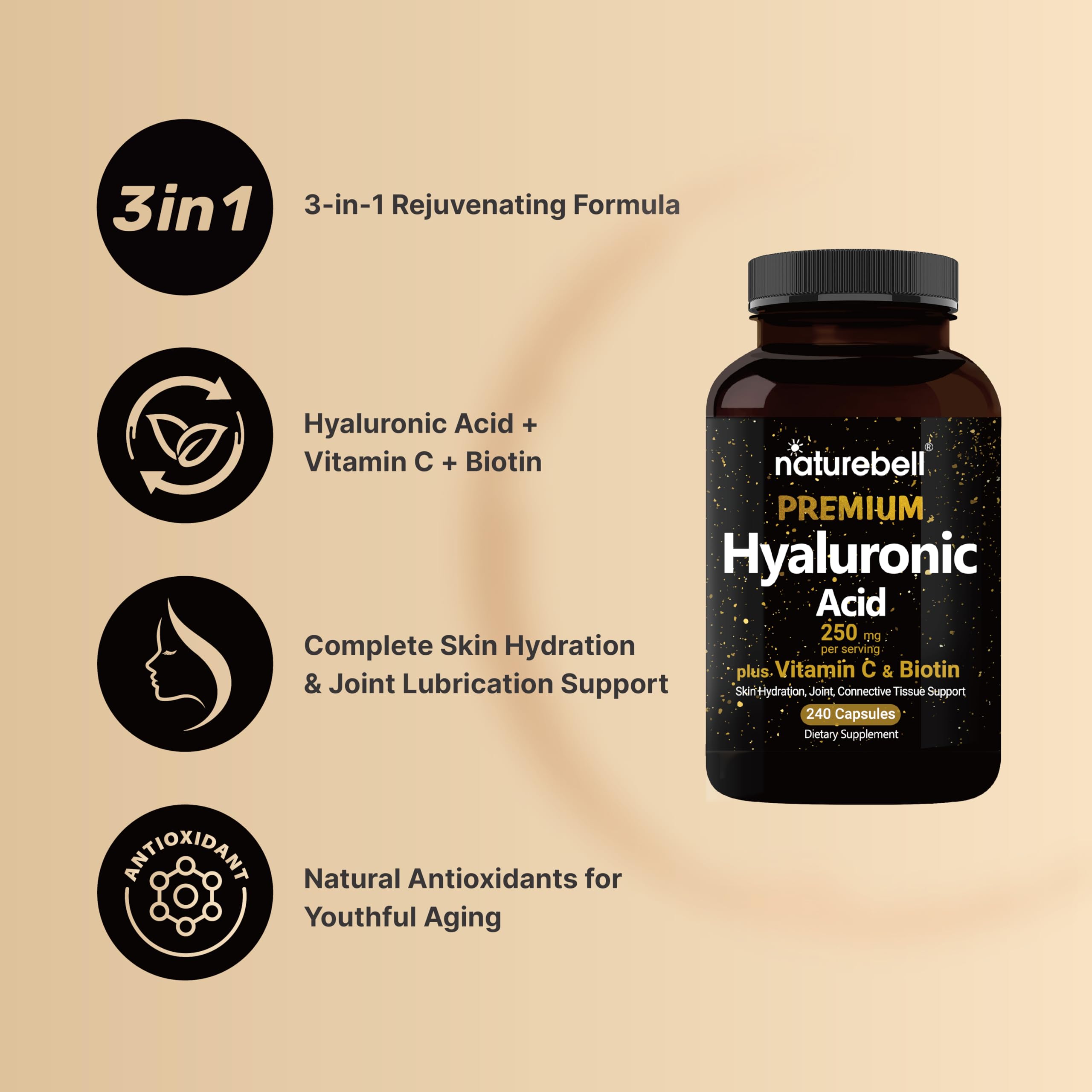 NatureBell Hyaluronic Acid 250mg - 240 Capsules - 250mg Hyaluronic Acid, 5000mcg Biotin & 25 mg Vitamin C - Supports Skin, Hair, Bone, Eye & Joint Health*