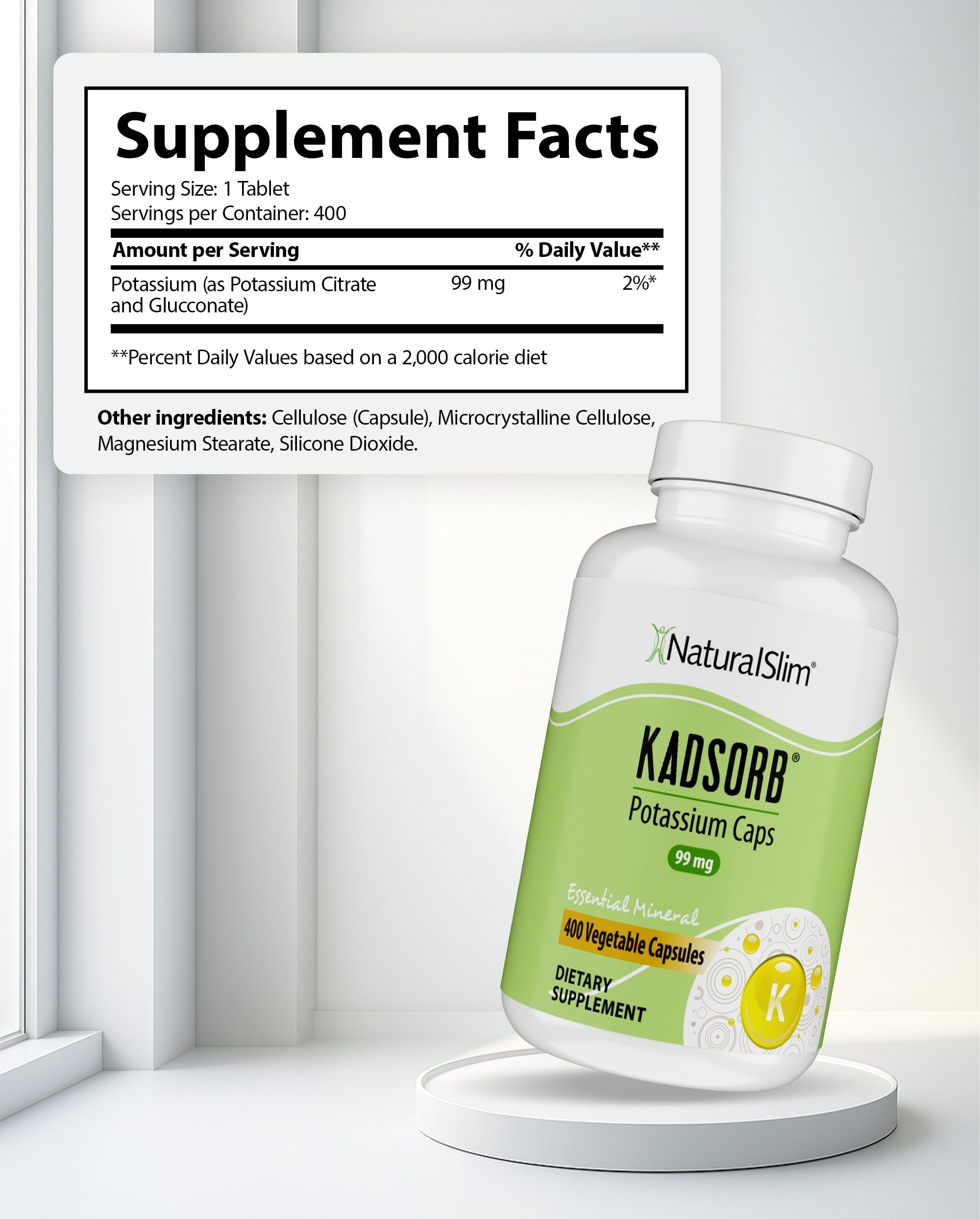 NaturalSlim Natural Potassium Citrate Gluconate 99 mg - Kadsorb Supports Electrolyte Balance & Normal pH - Absorbable Potassium Supplements with Essential Minerals - Non GMO 400 Capsules 1 Pack