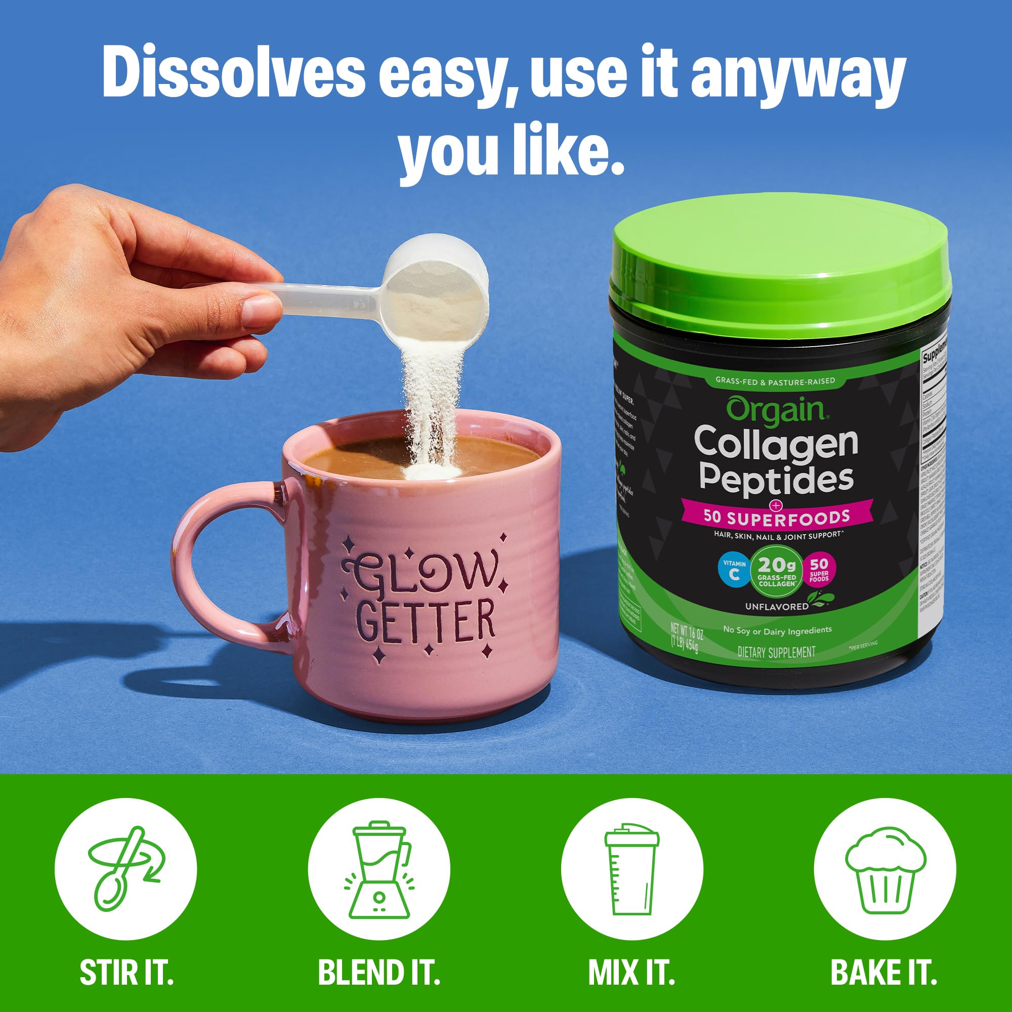 Orgain Hydrolyzed Collagen Powder + 50 Organic Superfoods For Women & Men, 20g Grass Fed Collagen with Vitamin C, Unflavored - Hair, Skin, Nail, & Joint Support Supplement, Non-GMO, Type I & III, 1lb