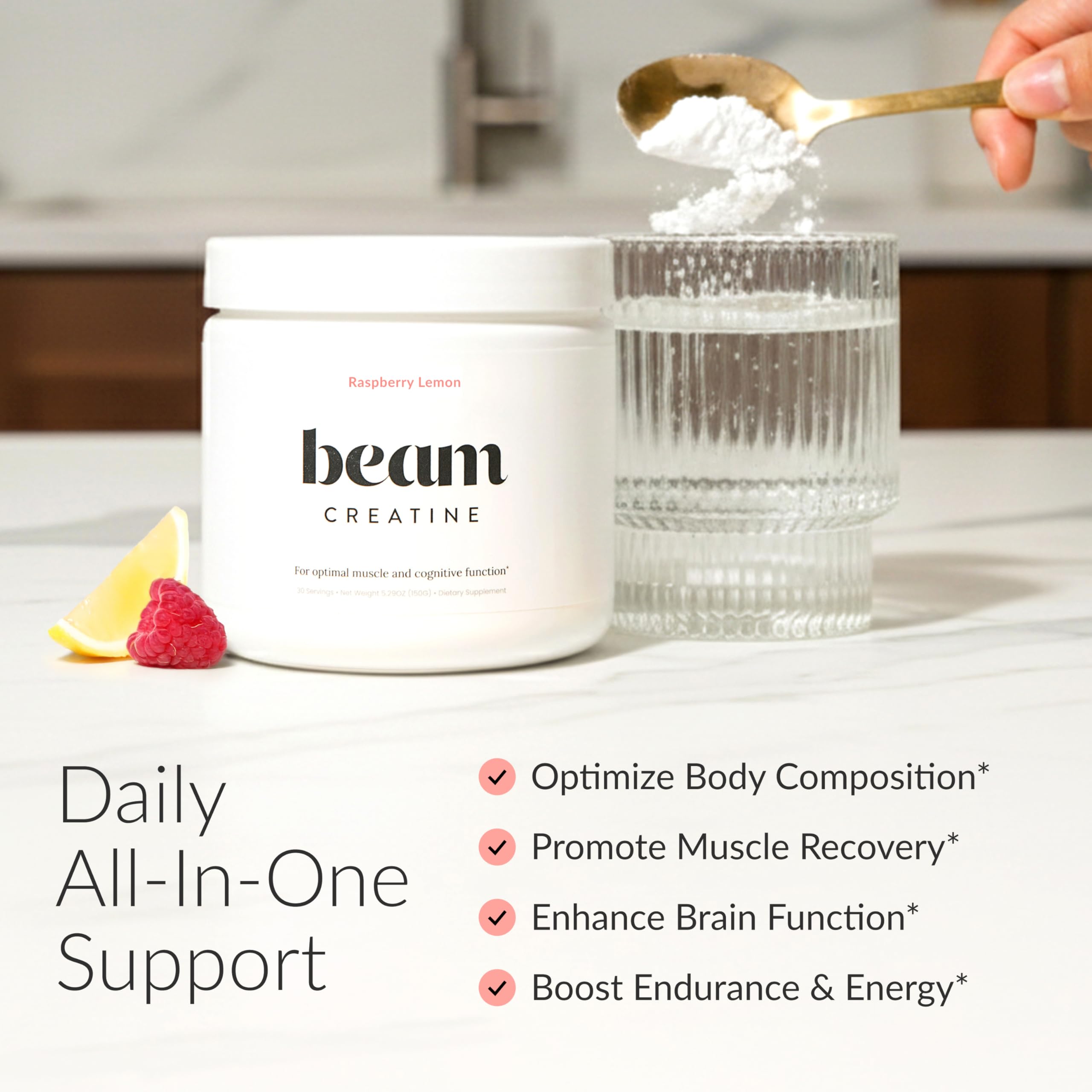 Beam Creatine Monohydrate Powder – 5g Micronized Creatine Monohydrate, Flavored Creatine for Women & Men, Muscle Strength, Growth & Cognitive Support, Raspberry Lemon Flavor, 30 Servings