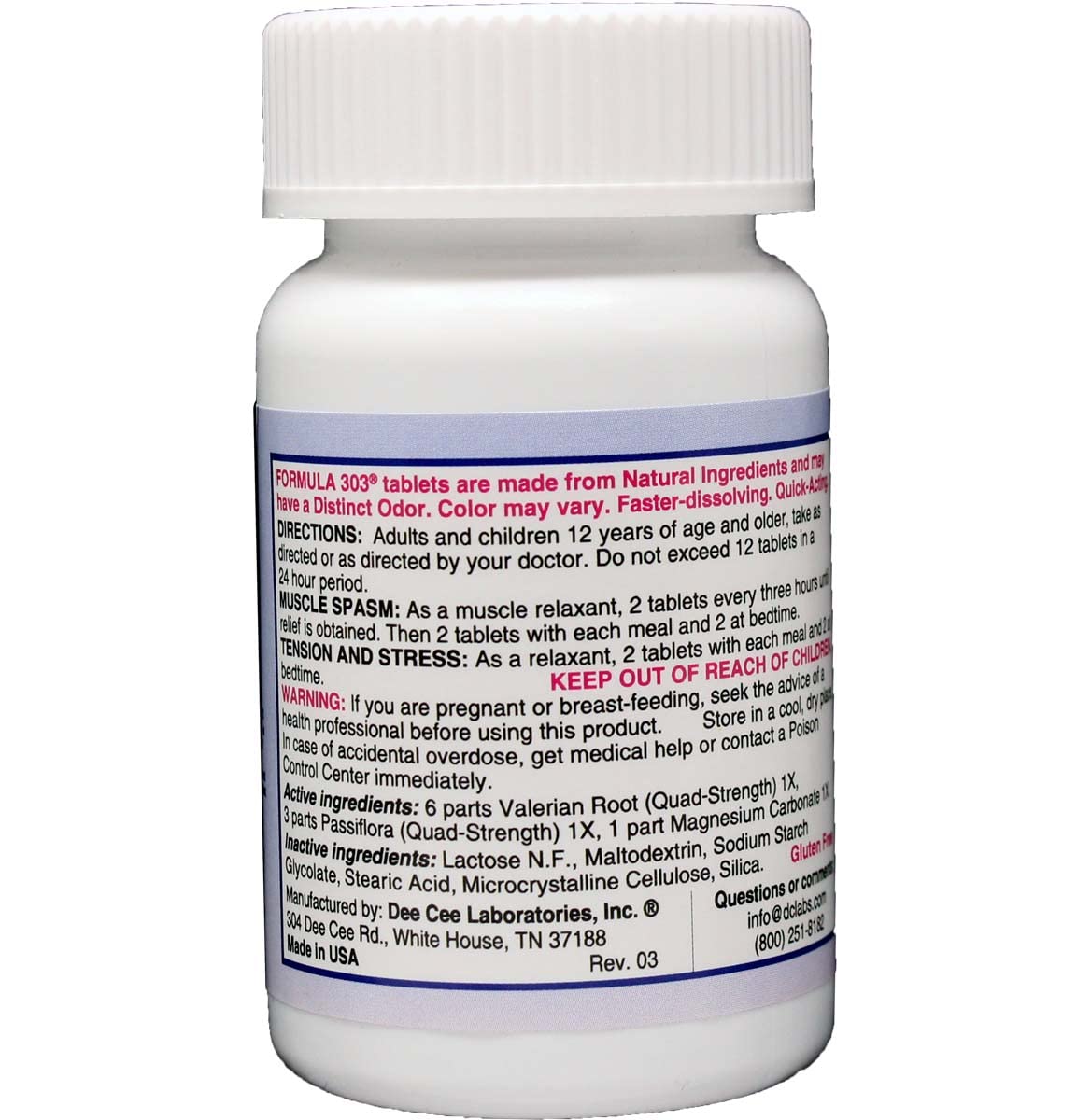 Dee CEE Labs Formula 303 Maximum Strength Tablets, 90 Tablets; All-Natural containing Magnesium for Sore Muscles, Passion Flower, and Valerian Root
