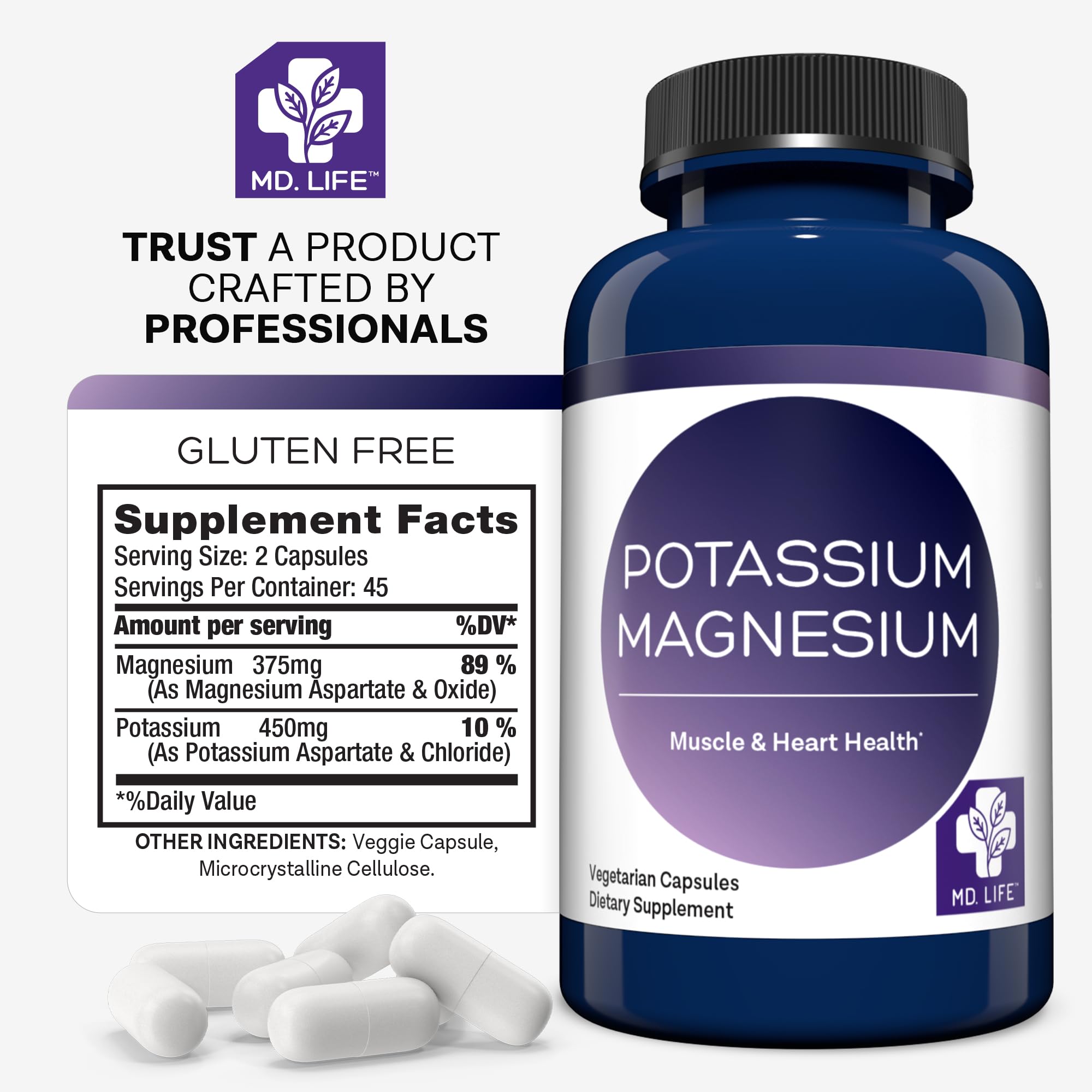 MD. Life Potassium Magnesium Supplement - 90 Capsules - Magnesium Potassium Supplement - High Absorption Complex - Support Vascular Health & Leg Cramp