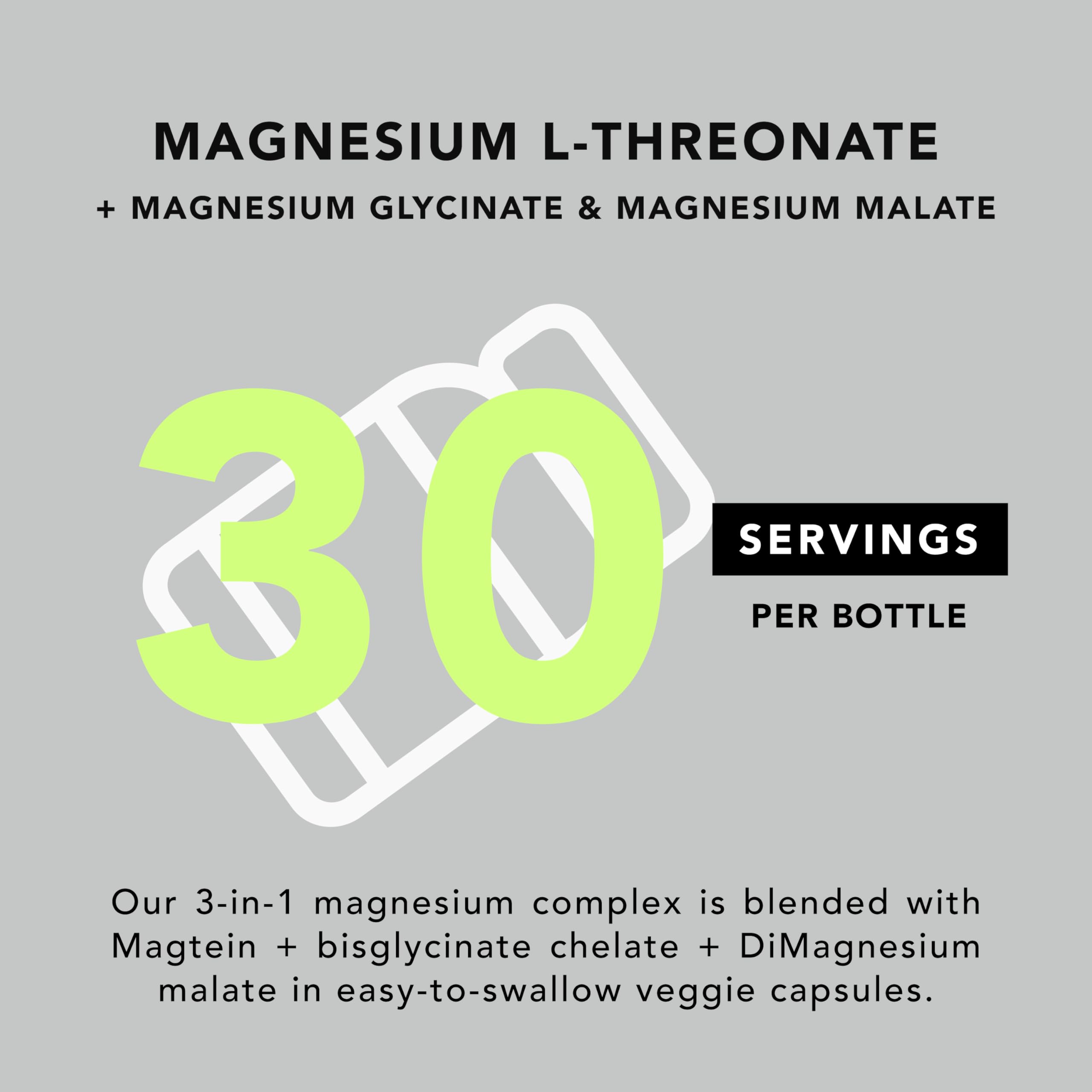 AMANDEAN Magtein Magnesium Complex. L-Threonate, Glycinate, Malate Triple Blend Chelated Magnesium Supplement. 90 Veggie Capsules. High Absorption Branded Ingredients. Brain Health, Sleep, Calm*.