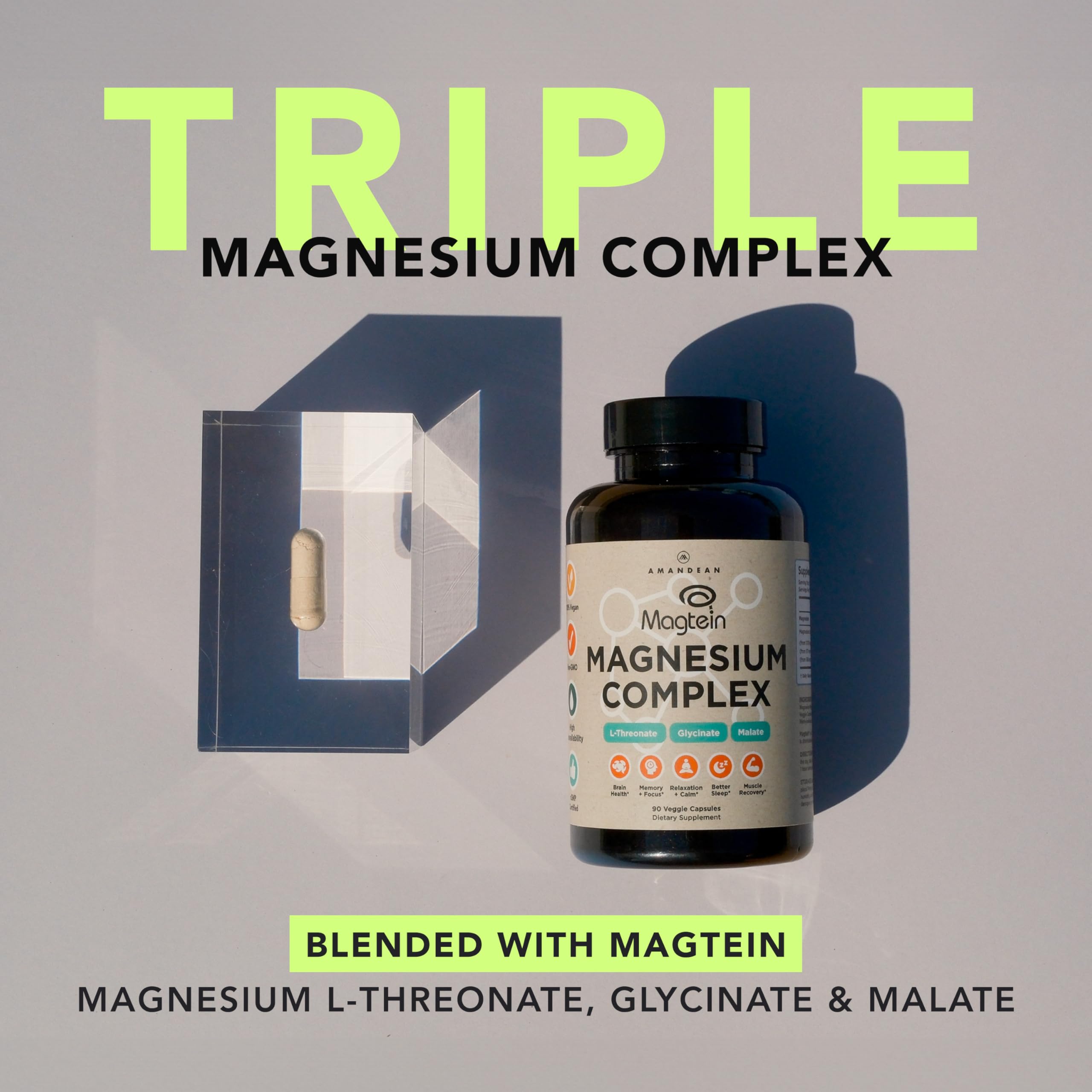AMANDEAN Magtein Magnesium Complex. L-Threonate, Glycinate, Malate Triple Blend Chelated Magnesium Supplement. 90 Veggie Capsules. High Absorption Branded Ingredients. Brain Health, Sleep, Calm*.