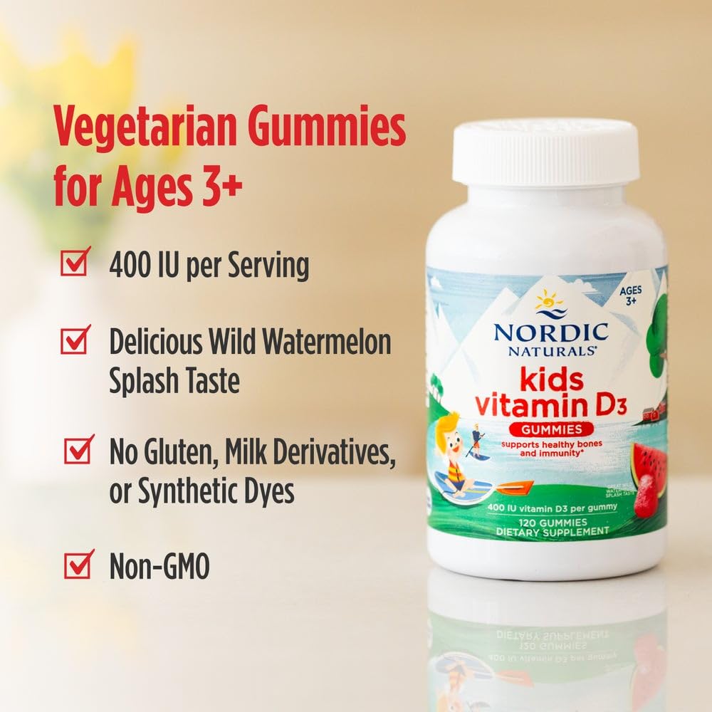 Nordic Naturals Vitamin D3 Gummies Kids, Wild Watermelon Splash - 120 Gummies - 400 IU Vitamin D3 - Bone Health, Healthy Immunity - Non-GMO, Vegetarian - 120 Servings