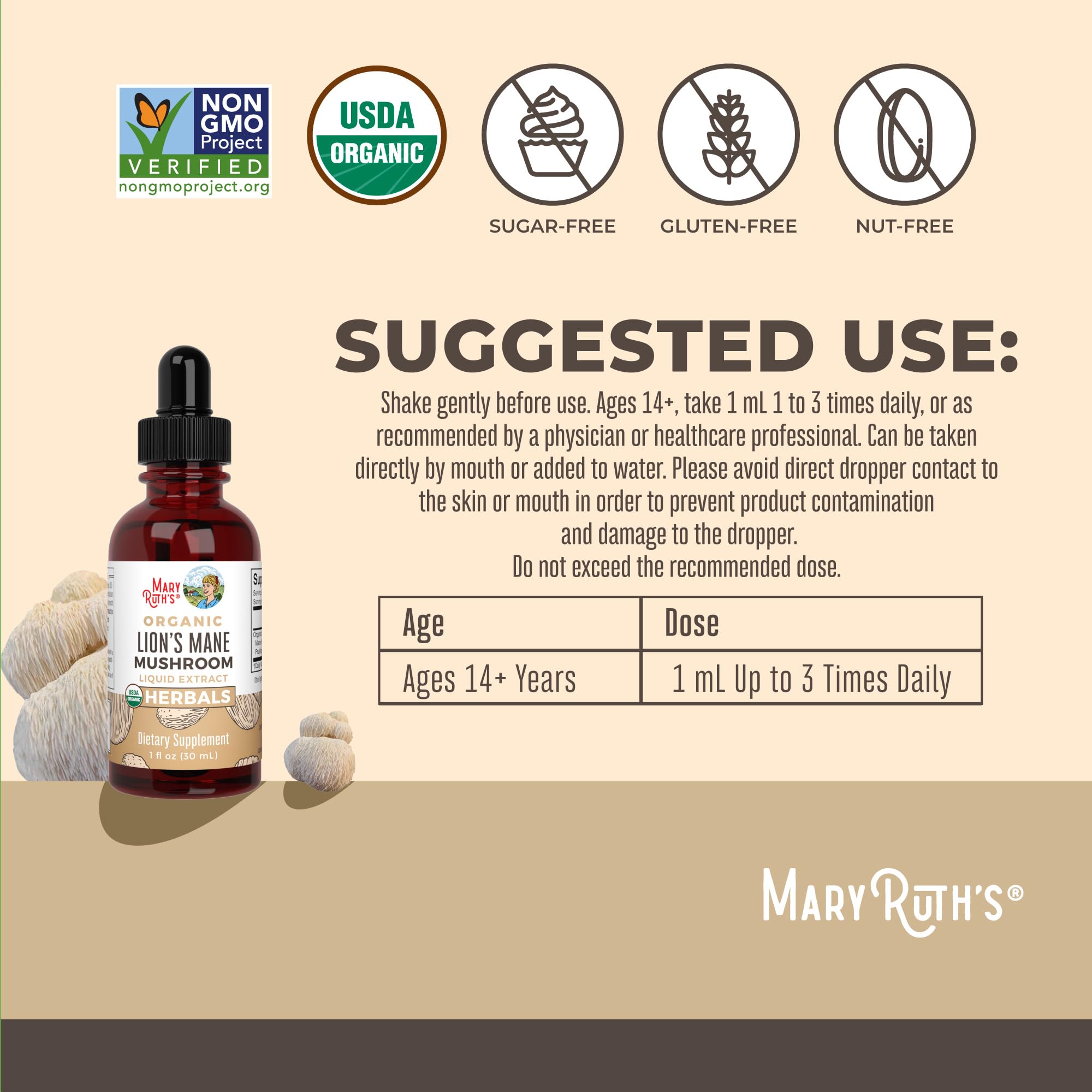 MaryRuth Organics Lions Mane Mushroom Supplement, Up to 1 Month Supply, Nootropic USDA Organic Lions Mane Extract Nervine Herbal Liquid Drops, Brain Health Non-GMO Vegan Alcohol Free Tincture, 1 Fl Oz