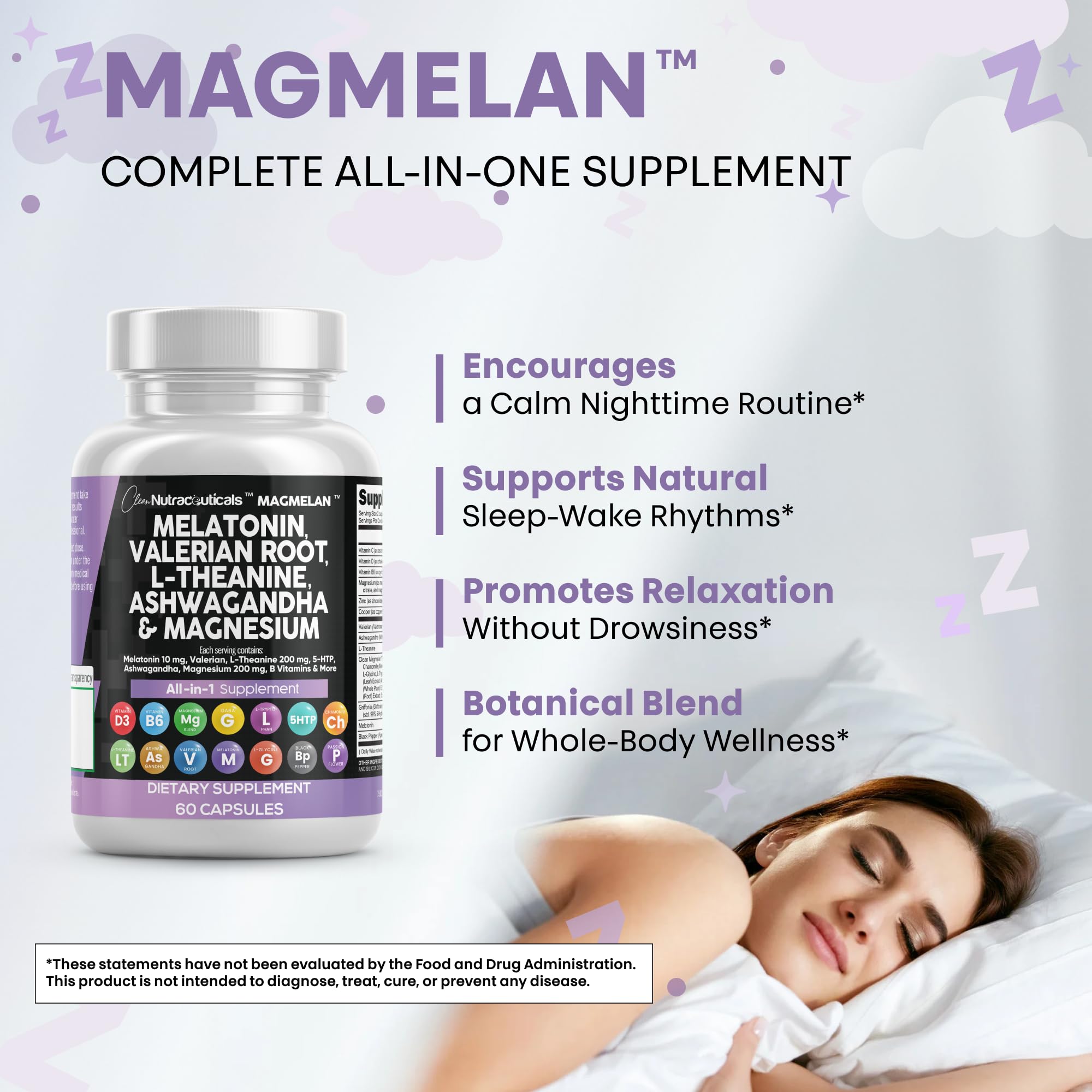 Clean Nutraceuticals Melatonin 10mg Valerian Root L Theanine 200mg Ashwagandha - Sleep Support for Women & Men with Magnesium Complex, Lemon Balm, Chamomile, & Passion Flower - 60 Caps