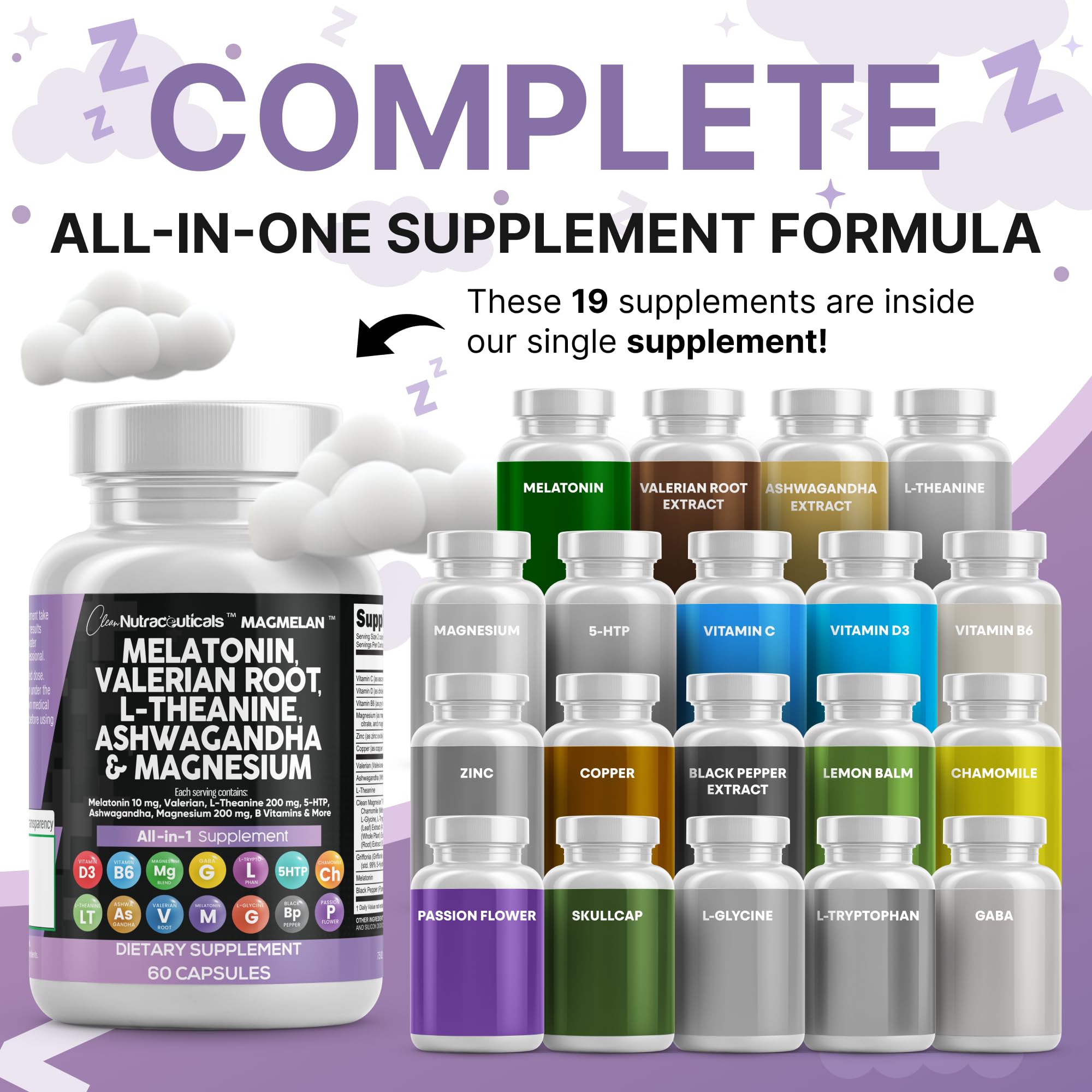 Clean Nutraceuticals Melatonin 10mg Valerian Root L Theanine 200mg Ashwagandha - Sleep Support for Women & Men with Magnesium Complex, Lemon Balm, Chamomile, & Passion Flower - 60 Caps
