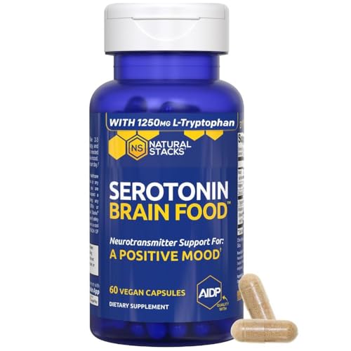 Serotonin Brain Food - 1250mg L-Tryptophan & 400mg Rhodiola Rosea Supplement - Mood Support Supplement for Stress Relief - Neurotransmitter Support with Magnesium Glycinate & Zinc - 120 Capsules