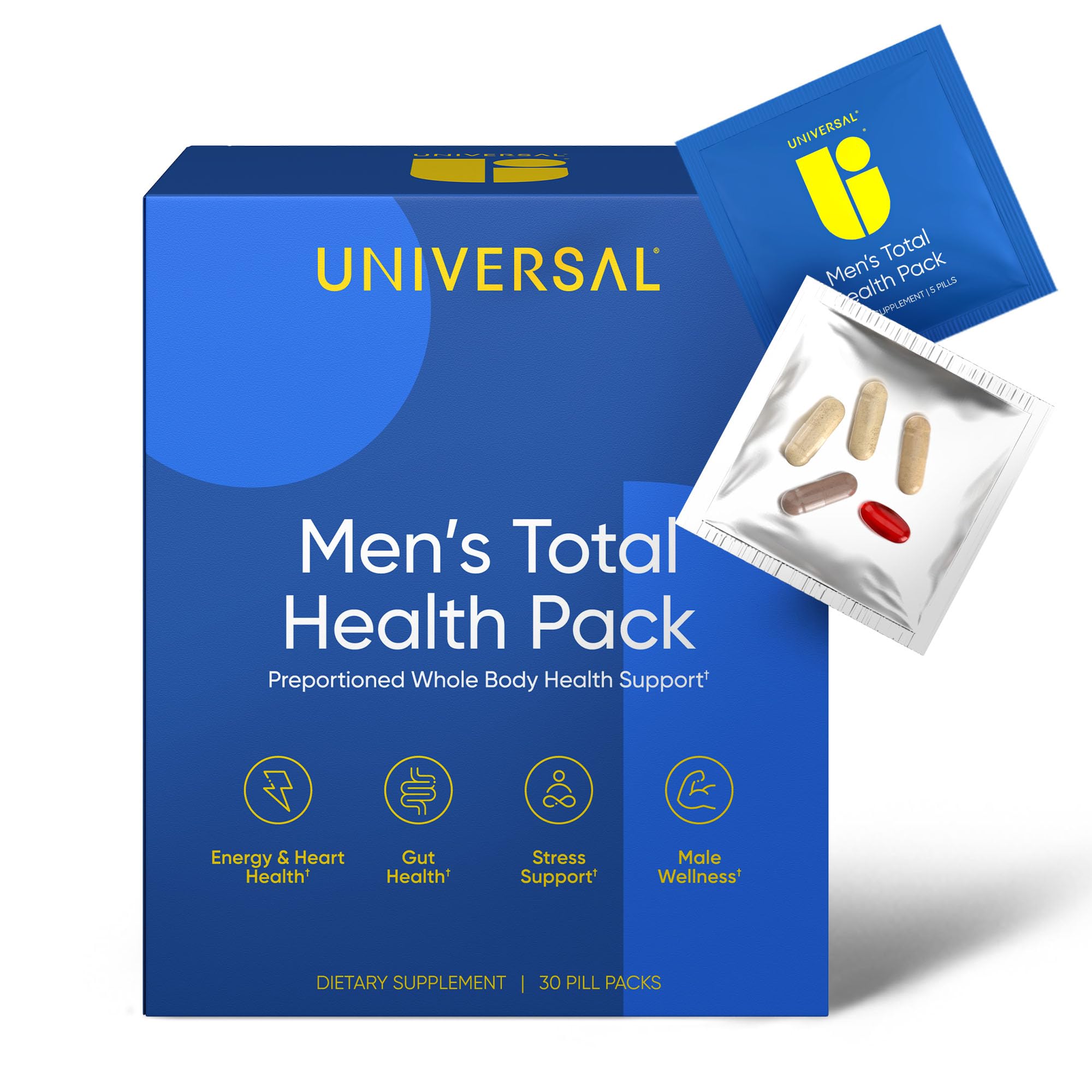 Men's Total Health Daily Vitamin Packs - 22 Essential Minerals & Vitamins for Men, All-in-One Multivitamin Supplement for Energy, Stress Support, Heart, Gut Health with Krill Oil, Adaptogens - 30 Pack