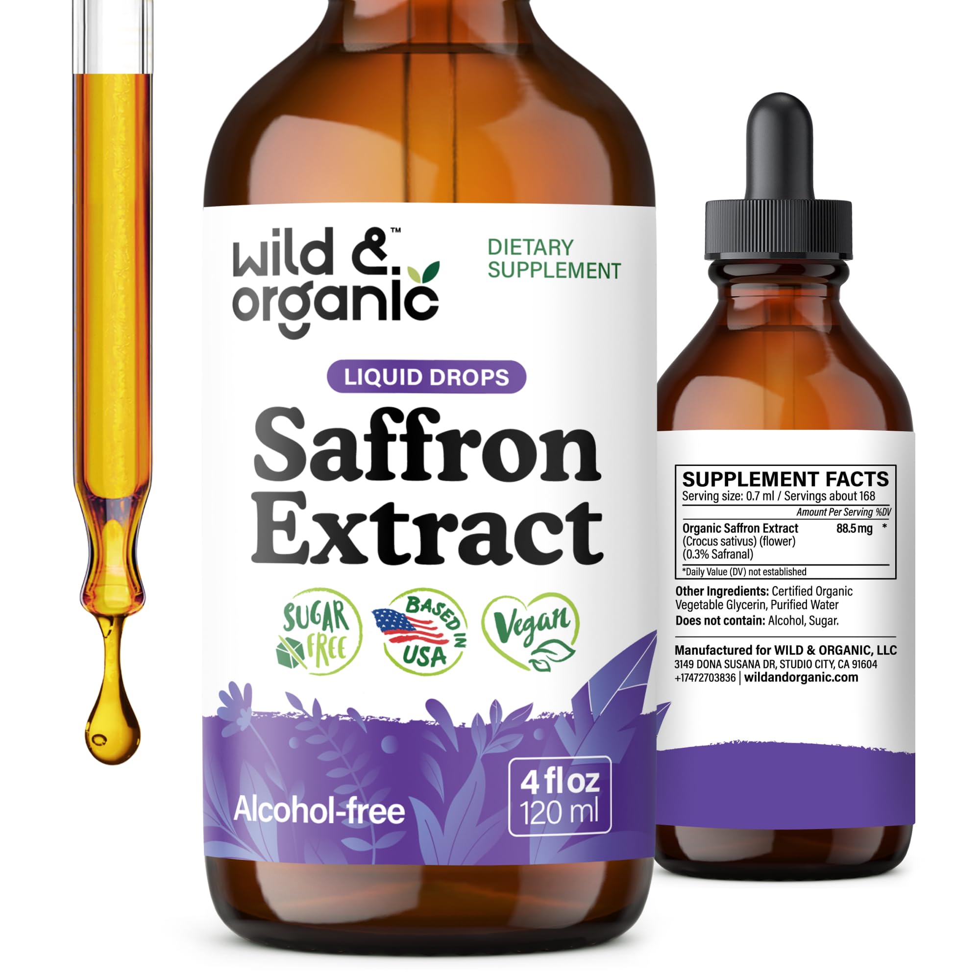 Wild & Organic Saffron Supplements 88.5 mg - 5-Month Supply - Saffron Extract Drops for Mood, Focus, Eye Support - Crocus Sativus Liquid Extract - Vegan, Alcohol & Sugar-Free Tincture - 4 fl oz