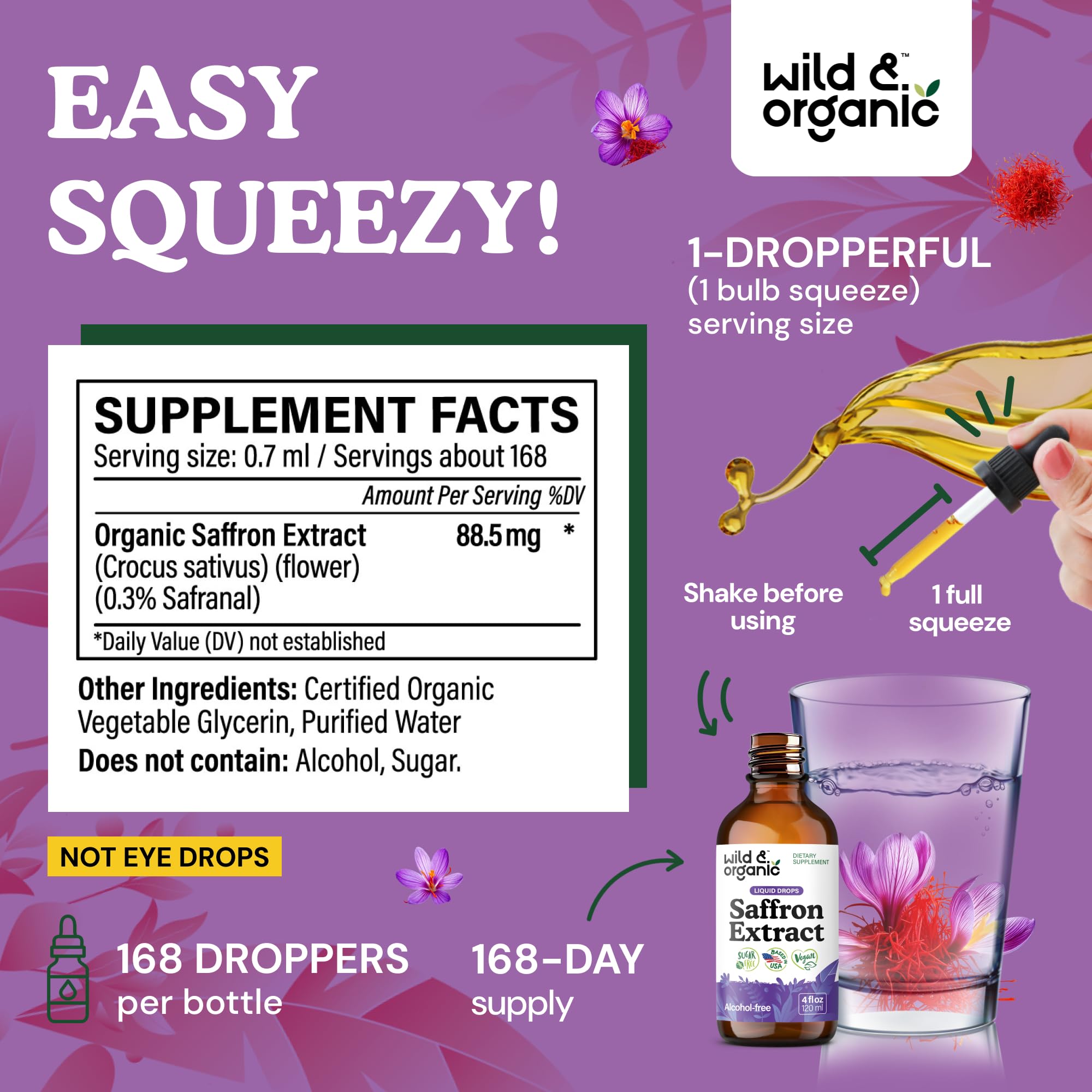 Wild & Organic Saffron Supplements 88.5 mg - 5-Month Supply - Saffron Extract Drops for Mood, Focus, Eye Support - Crocus Sativus Liquid Extract - Vegan, Alcohol & Sugar-Free Tincture - 4 fl oz