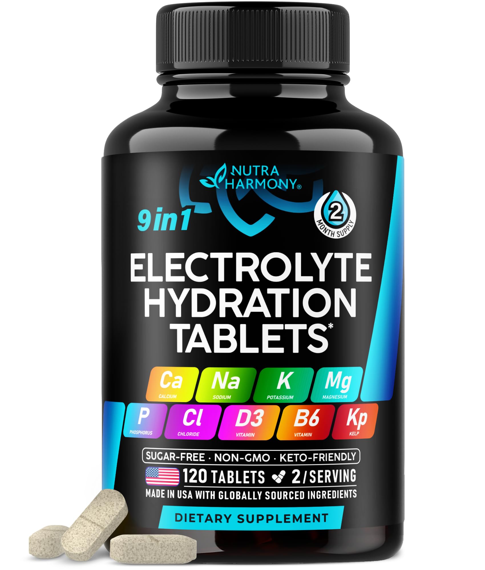 Electrolytes - Electrolyte Tablets with Magnesium, Sodium, Potassium, Chloride, Vitamins D3 & B6, Kelp Powder - Salt Pills - Made in USA - Oral Tablets as Capsules - Vegan & Keto Friendly - 120 Tabs